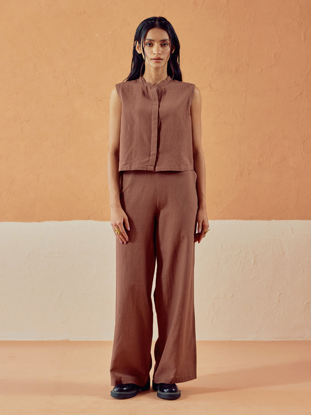 FIORRA Women’s Brown Linen-Blend Loose Relaxed Fit Co-Ord Set