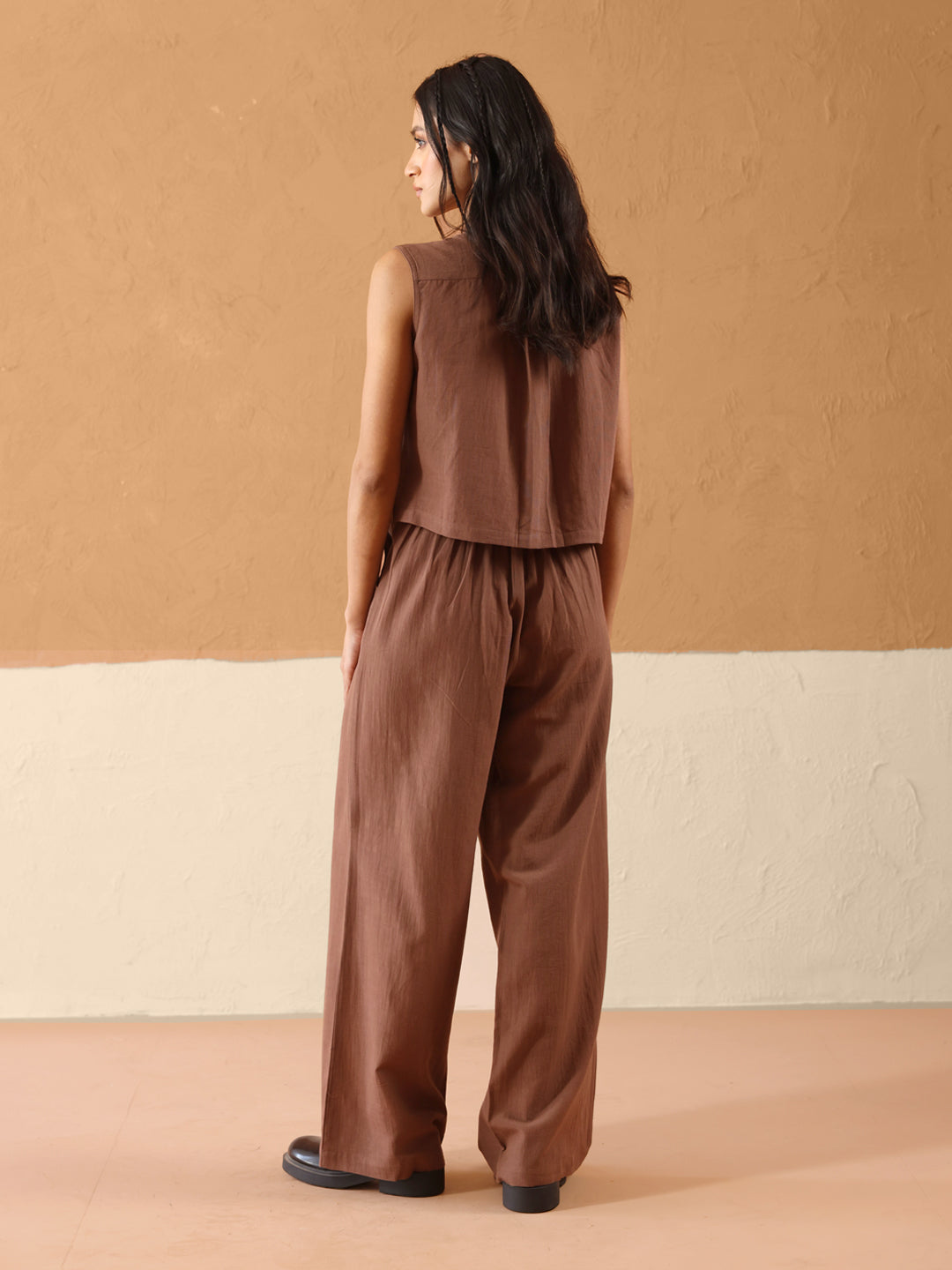 FIORRA Women’s Brown Linen-Blend Loose Relaxed Fit Co-Ord Set