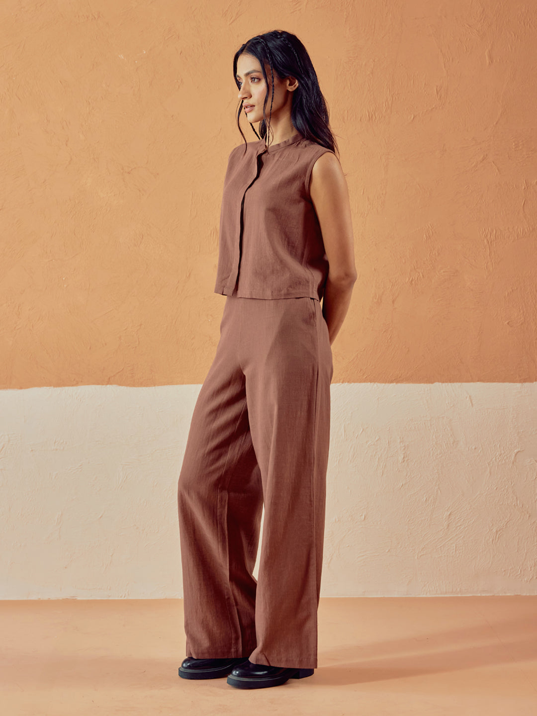 FIORRA Women’s Brown Linen-Blend Loose Relaxed Fit Co-Ord Set