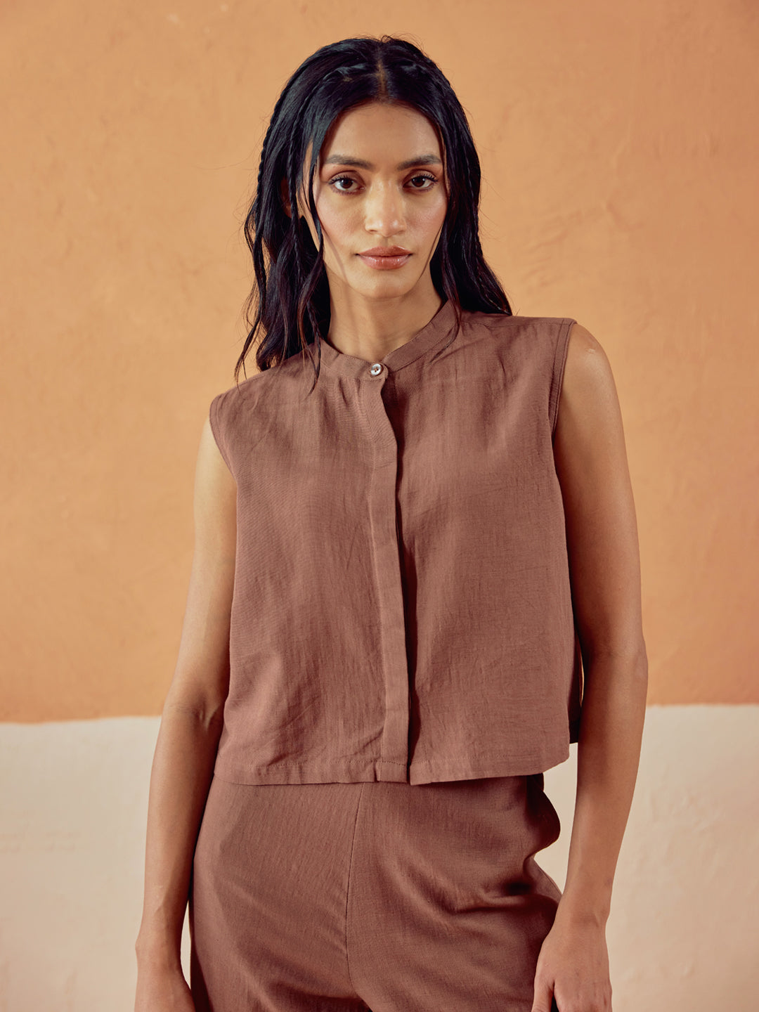 FIORRA Women’s Brown Linen-Blend Loose Relaxed Fit Co-Ord Set