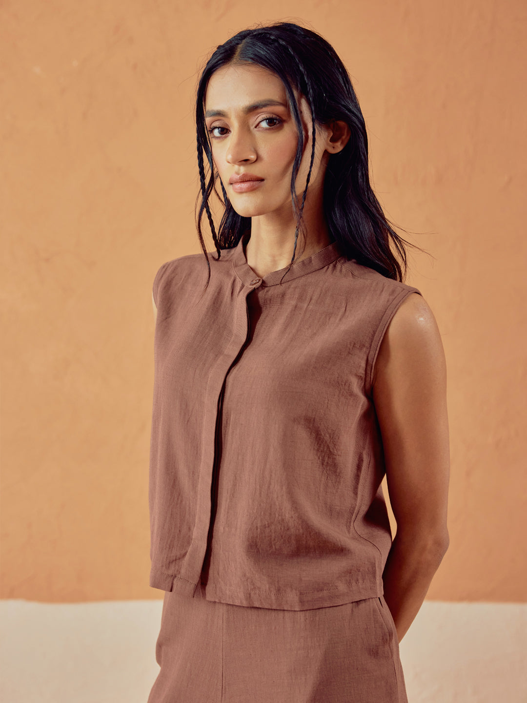 FIORRA Women’s Brown Linen-Blend Loose Relaxed Fit Co-Ord Set