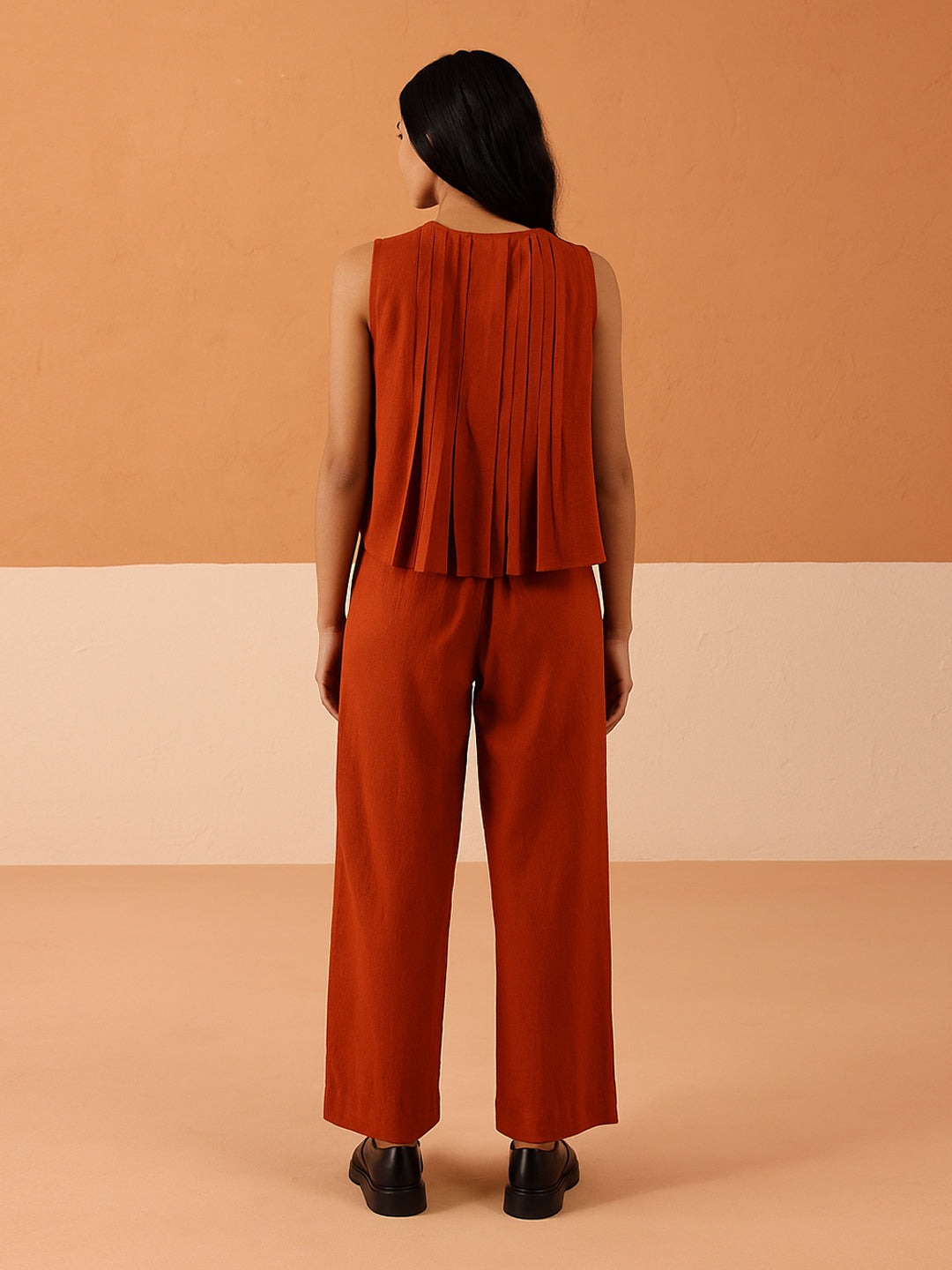 FIORRA Women’s Rust Linen Blend Pleated Loose Relaxed Fit Co-Ord Set
