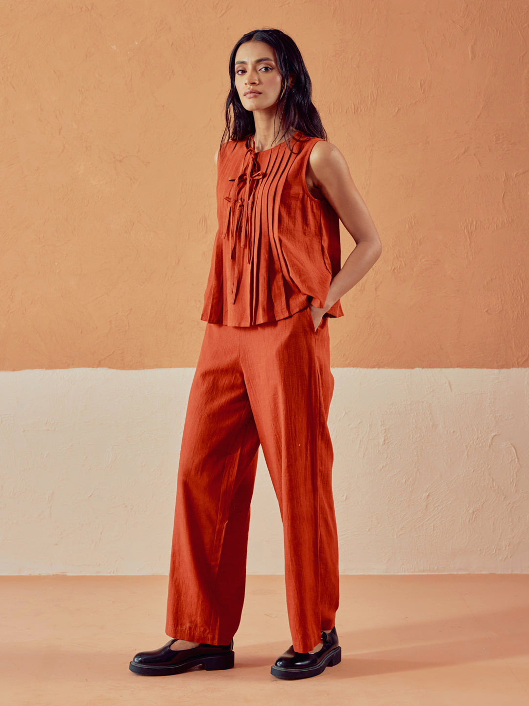FIORRA Women’s Rust Linen Blend Pleated Loose Relaxed Fit Co-Ord Set
