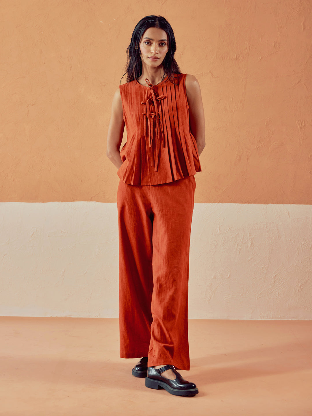 FIORRA Women’s Rust Linen Blend Pleated Loose Relaxed Fit Co-Ord Set