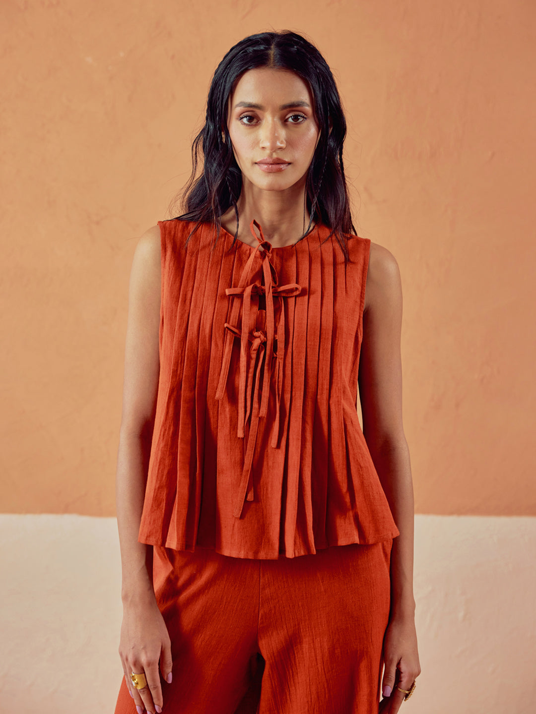 FIORRA Women’s Rust Linen Blend Pleated Loose Relaxed Fit Co-Ord Set