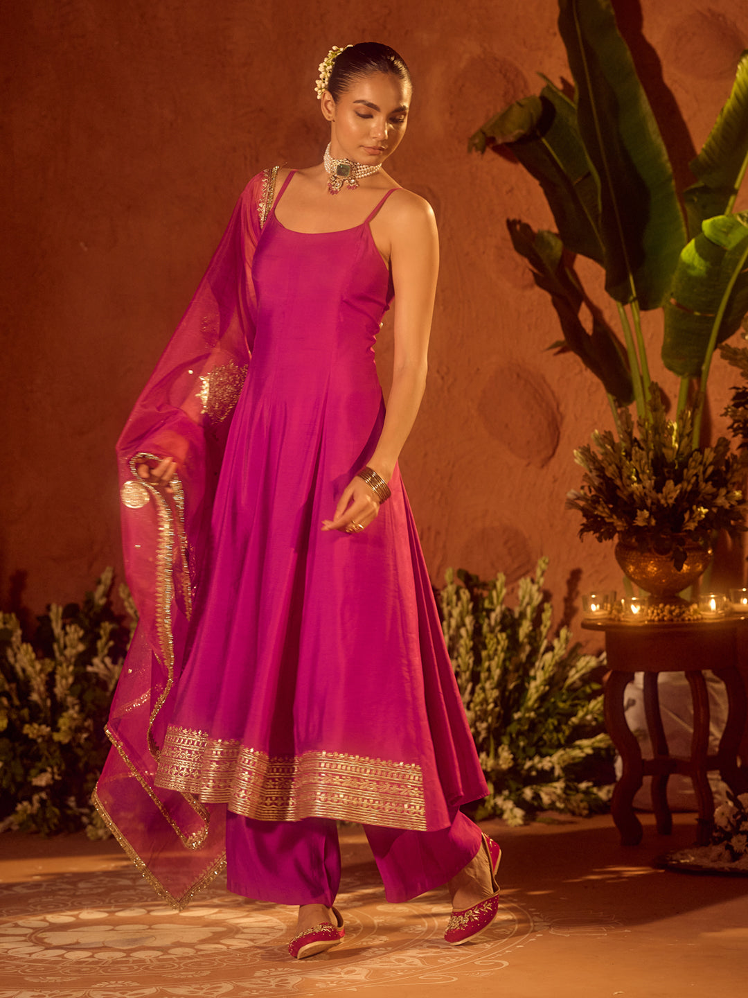 FIORRA Women’s Pink Viscose Chanderi Embroidered & Gota Patti Work Ethnic A-Line Kurta Set with Dupatta