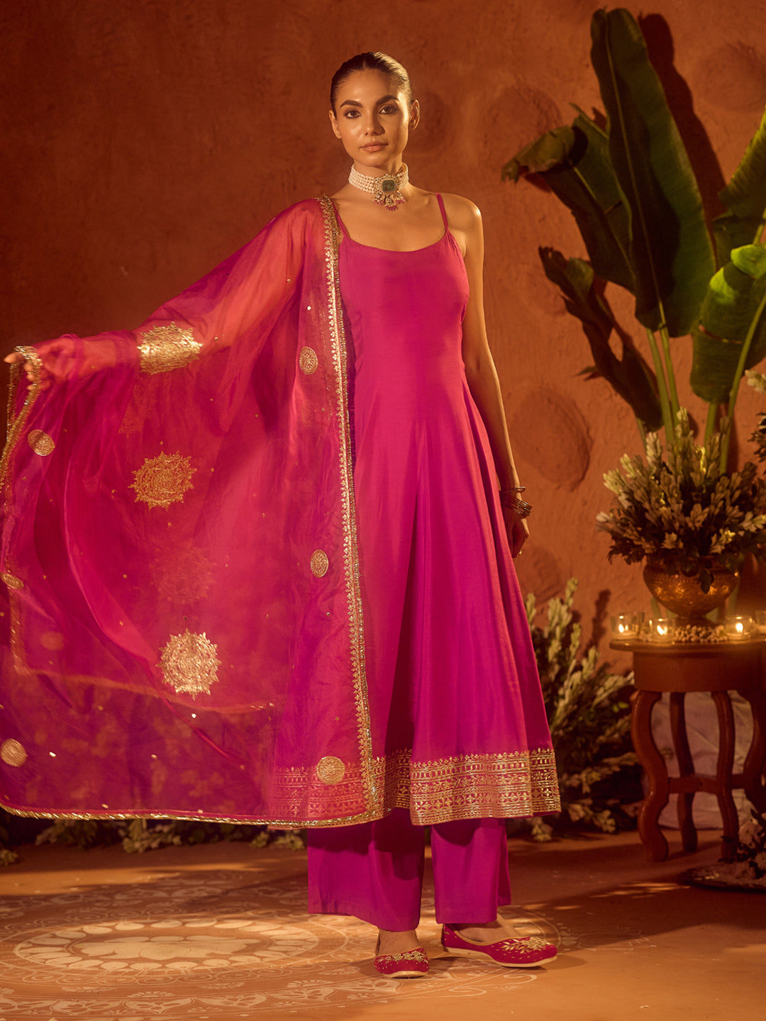 FIORRA Women’s Pink Viscose Chanderi Embroidered & Gota Patti Work Ethnic A-Line Kurta Set with Dupatta