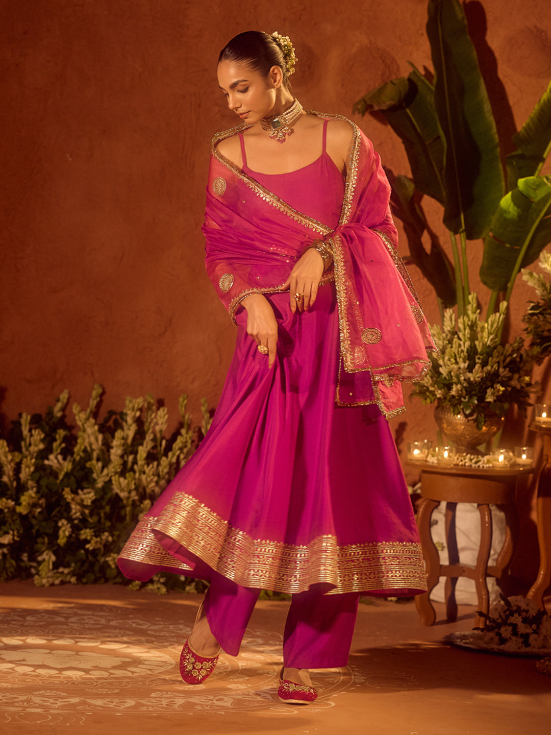 FIORRA Women’s Pink Viscose Chanderi Embroidered & Gota Patti Work Ethnic A-Line Kurta Set with Dupatta