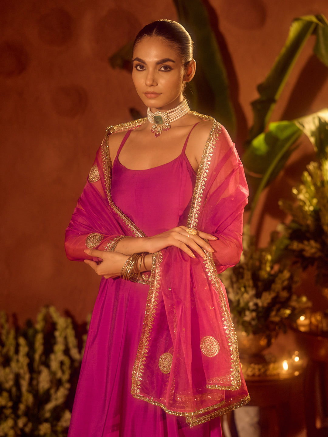 FIORRA Women’s Pink Viscose Chanderi Embroidered & Gota Patti Work Ethnic A-Line Kurta Set with Dupatta