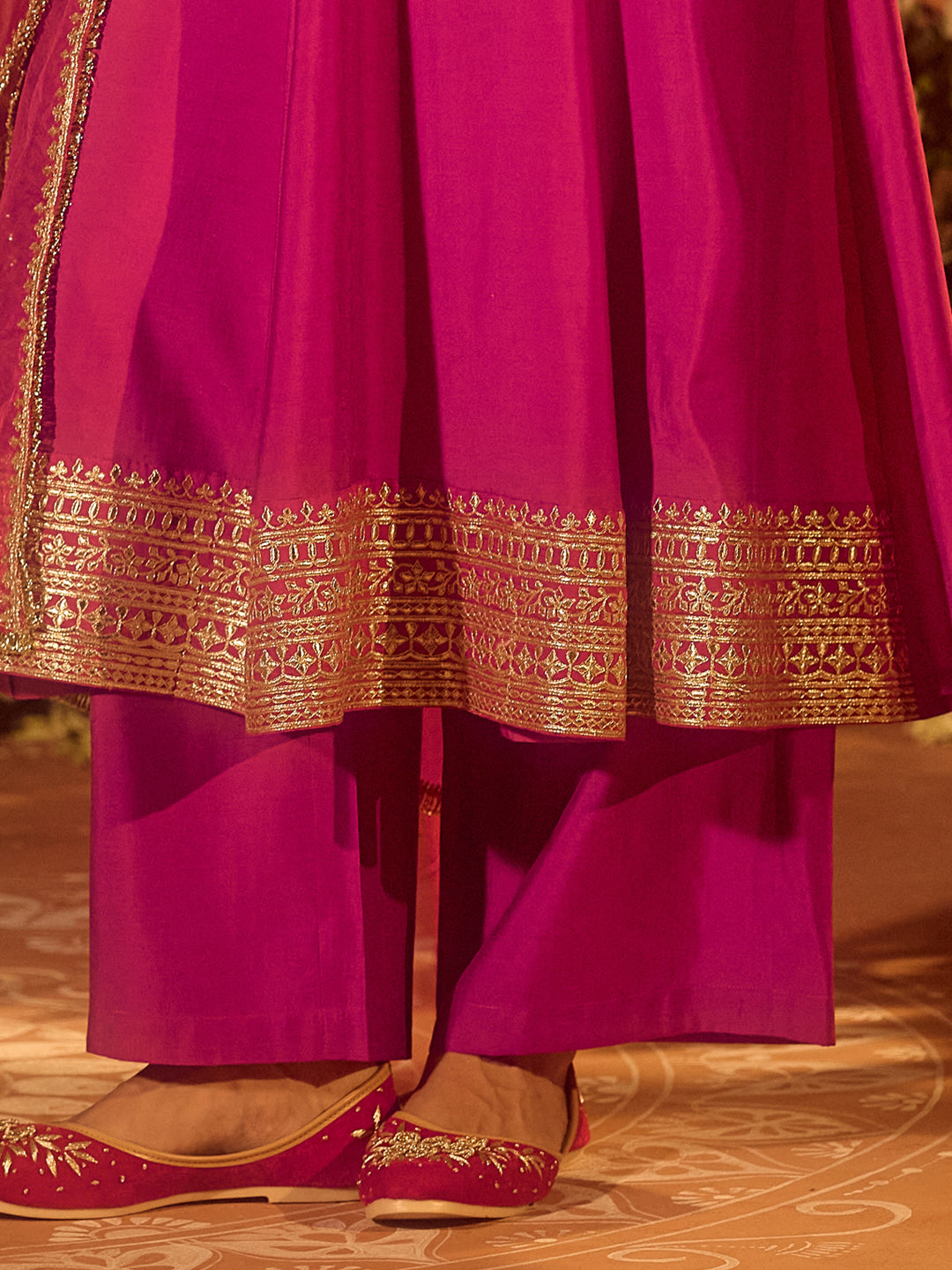 FIORRA Women’s Pink Viscose Chanderi Embroidered & Gota Patti Work Ethnic A-Line Kurta Set with Dupatta