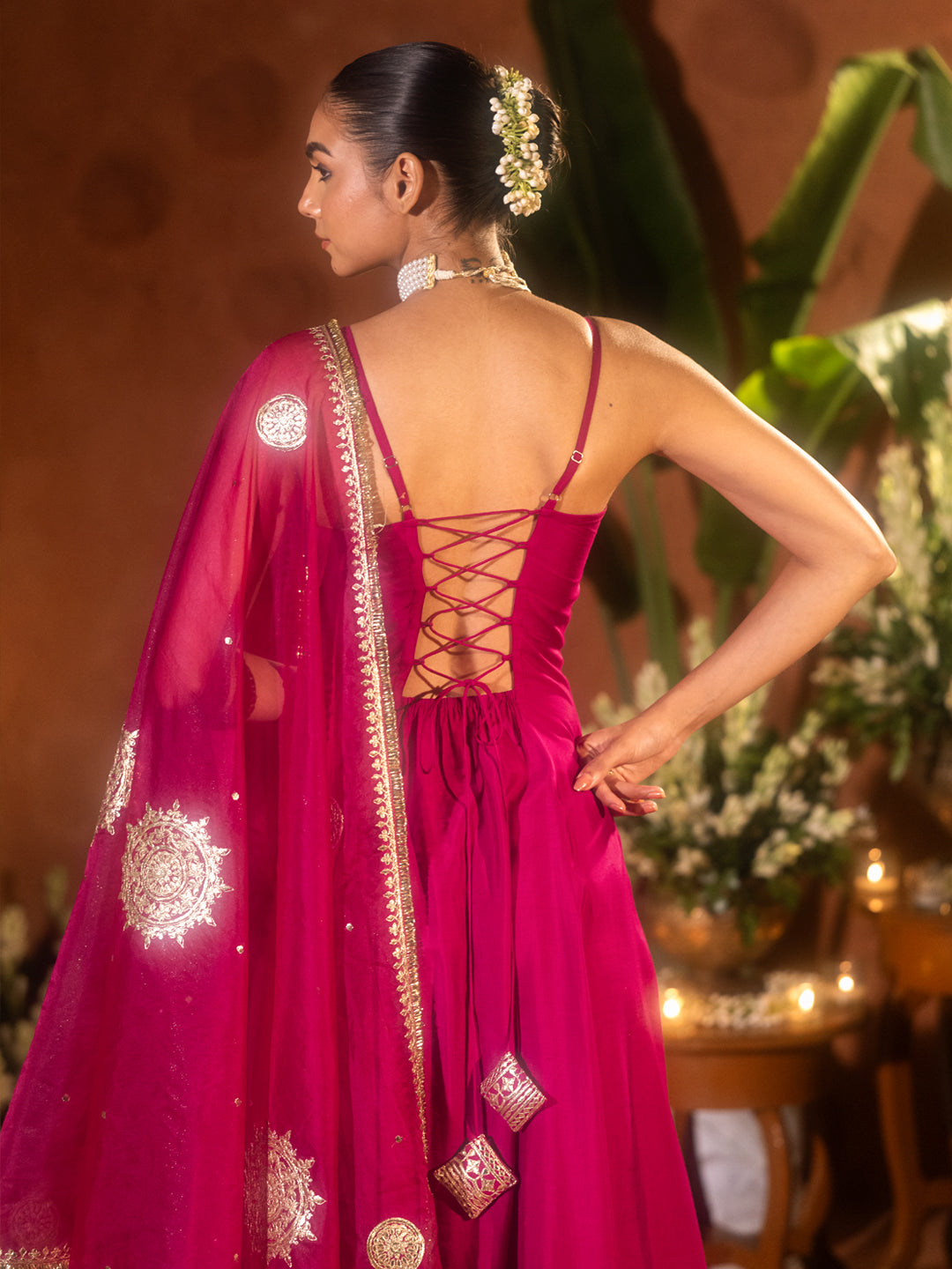 FIORRA Women’s Pink Viscose Chanderi Embroidered & Gota Patti Work Ethnic A-Line Kurta Set with Dupatta