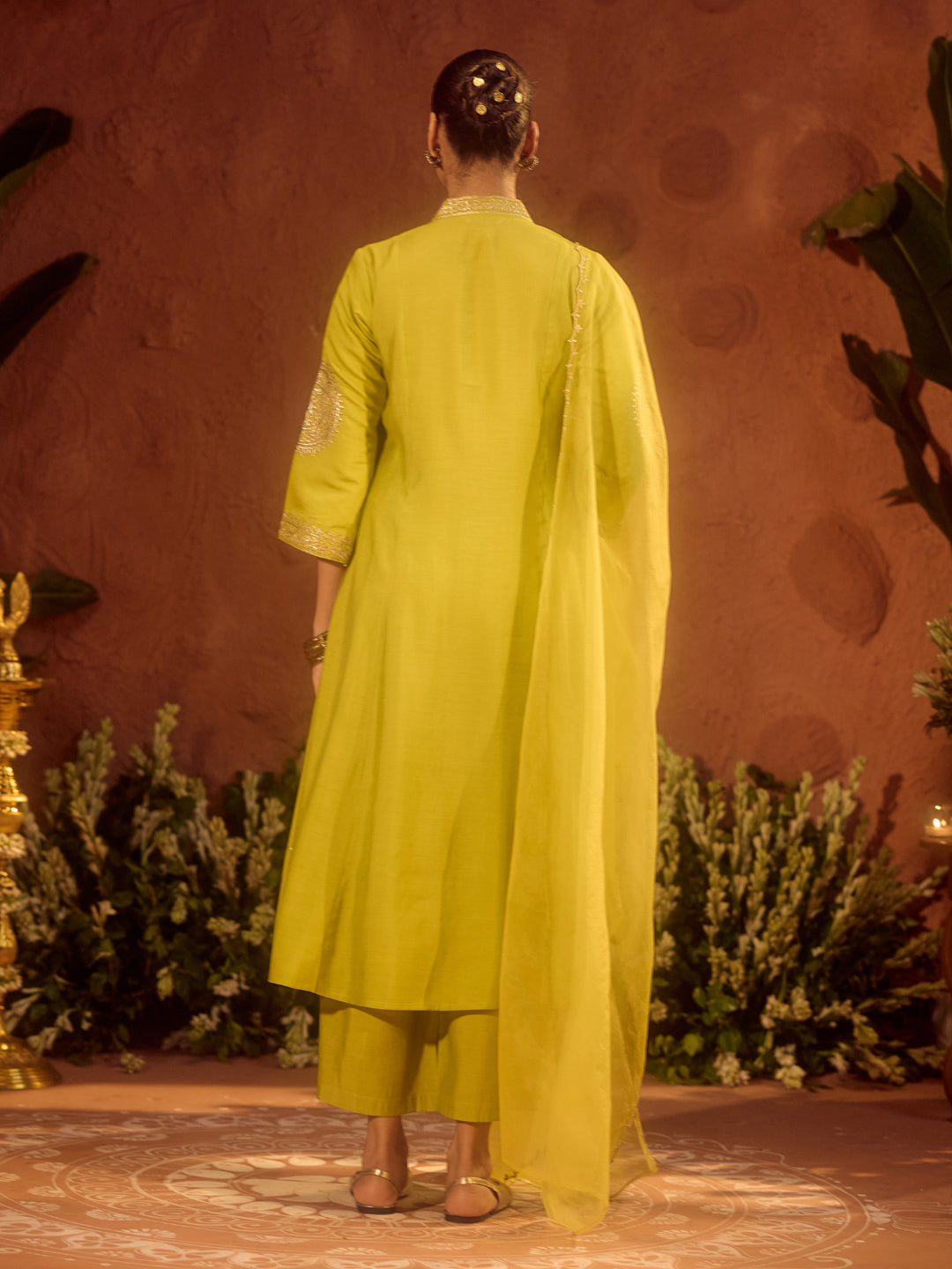 FIORRA Women’s Lime Green Viscose Chanderi Embroidered & Gota Patti Work Ethnic A-Line Kurta Set with Dupatta