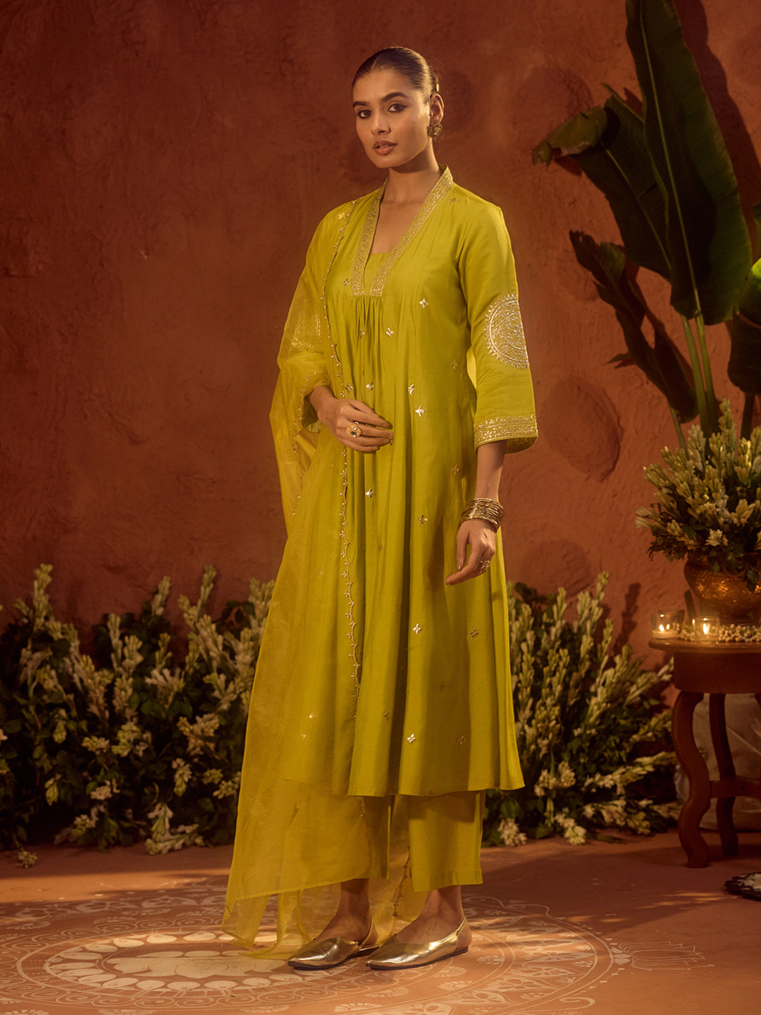 FIORRA Women’s Lime Green Viscose Chanderi Embroidered & Gota Patti Work Ethnic A-Line Kurta Set with Dupatta