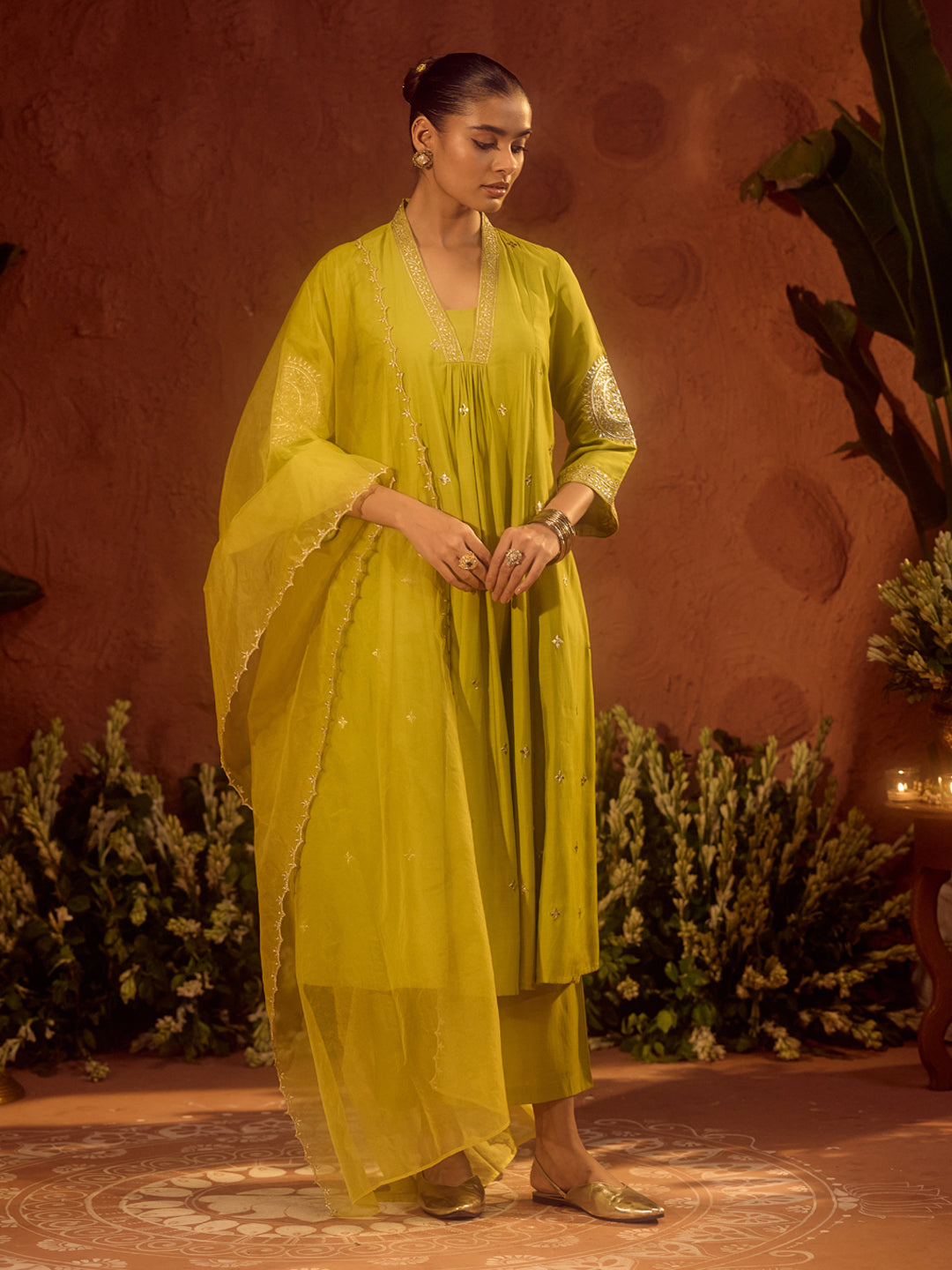 FIORRA Women’s Lime Green Viscose Chanderi Embroidered & Gota Patti Work Ethnic A-Line Kurta Set with Dupatta