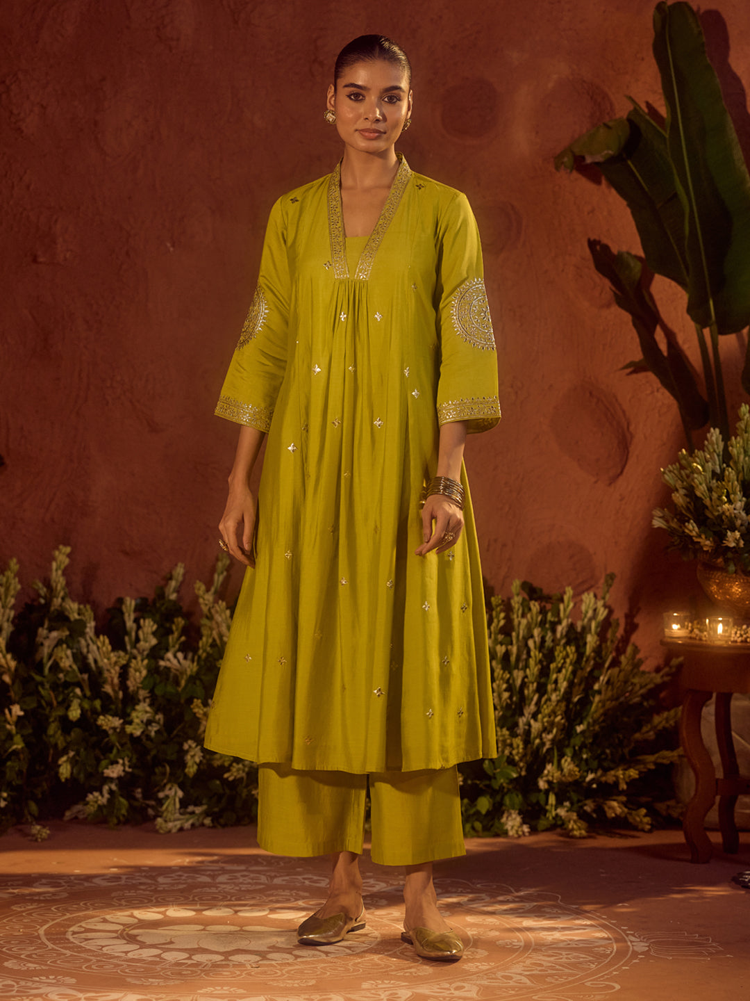 FIORRA Women’s Lime Green Viscose Chanderi Embroidered & Gota Patti Work Ethnic A-Line Kurta Set with Dupatta