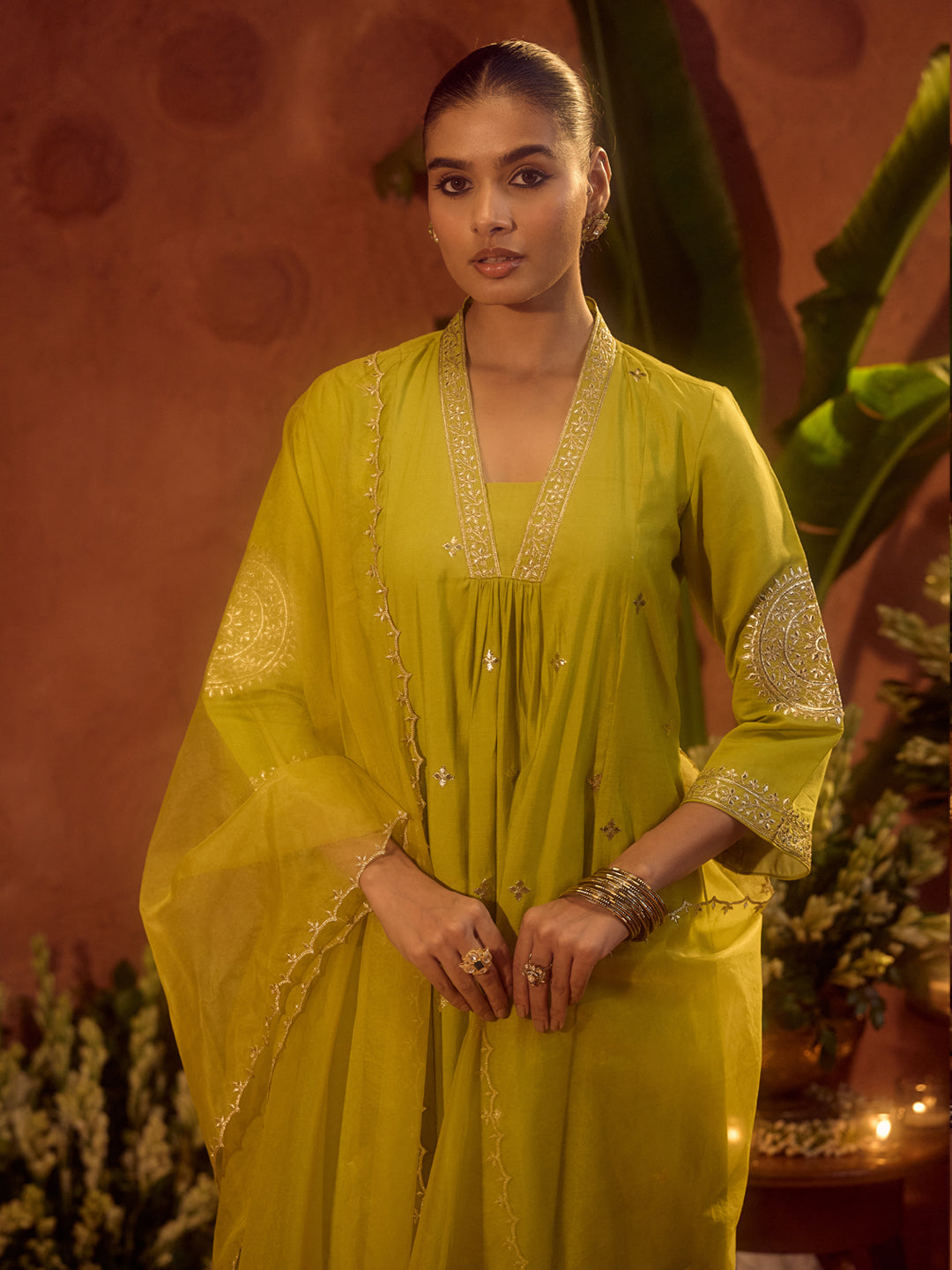 FIORRA Women’s Lime Green Viscose Chanderi Embroidered & Gota Patti Work Ethnic A-Line Kurta Set with Dupatta