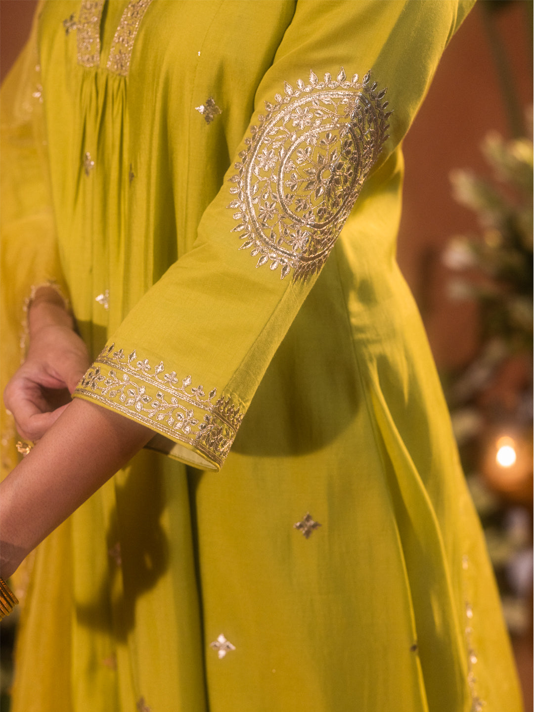 FIORRA Women’s Lime Green Viscose Chanderi Embroidered & Gota Patti Work Ethnic A-Line Kurta Set with Dupatta