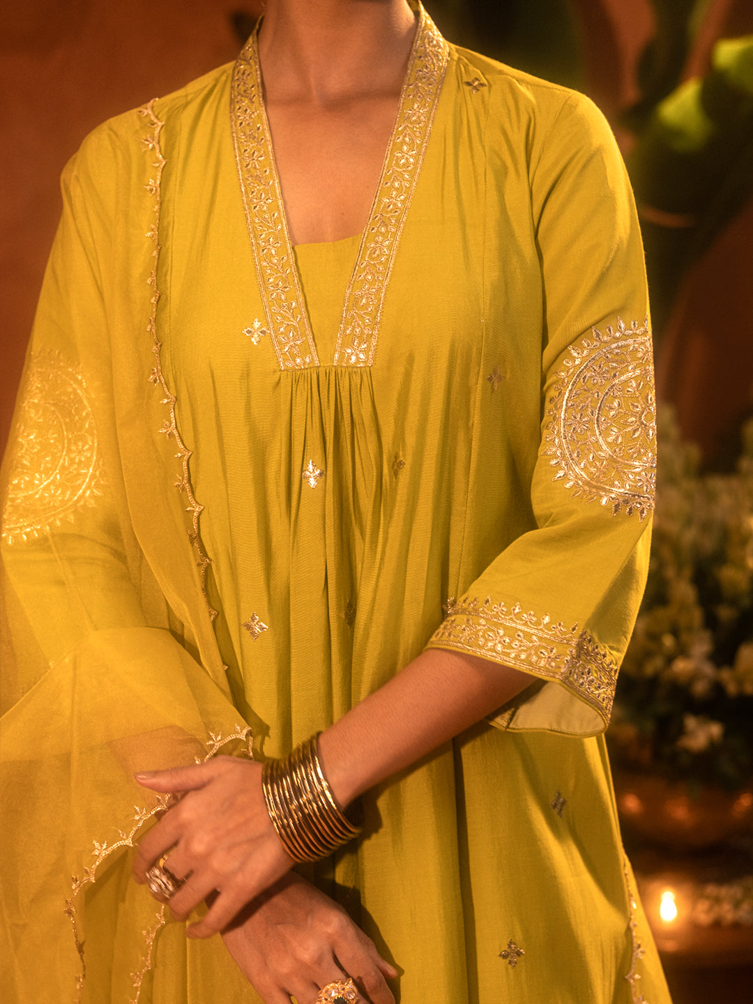 FIORRA Women’s Lime Green Viscose Chanderi Embroidered & Gota Patti Work Ethnic A-Line Kurta Set with Dupatta