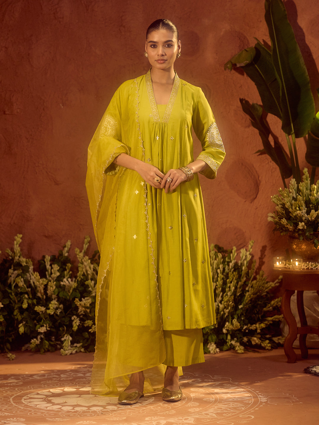 FIORRA Women’s Lime Green Viscose Chanderi Embroidered & Gota Patti Work Ethnic A-Line Kurta Set with Dupatta