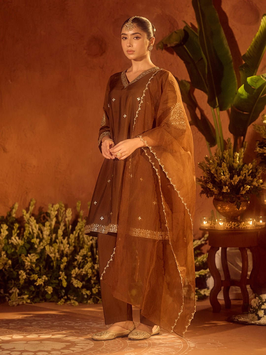 FIORRA Women’s Brown Viscose Chanderi Embroidered & Gota Patti Work Ethnic A-Line Kurta Set with Dupatta