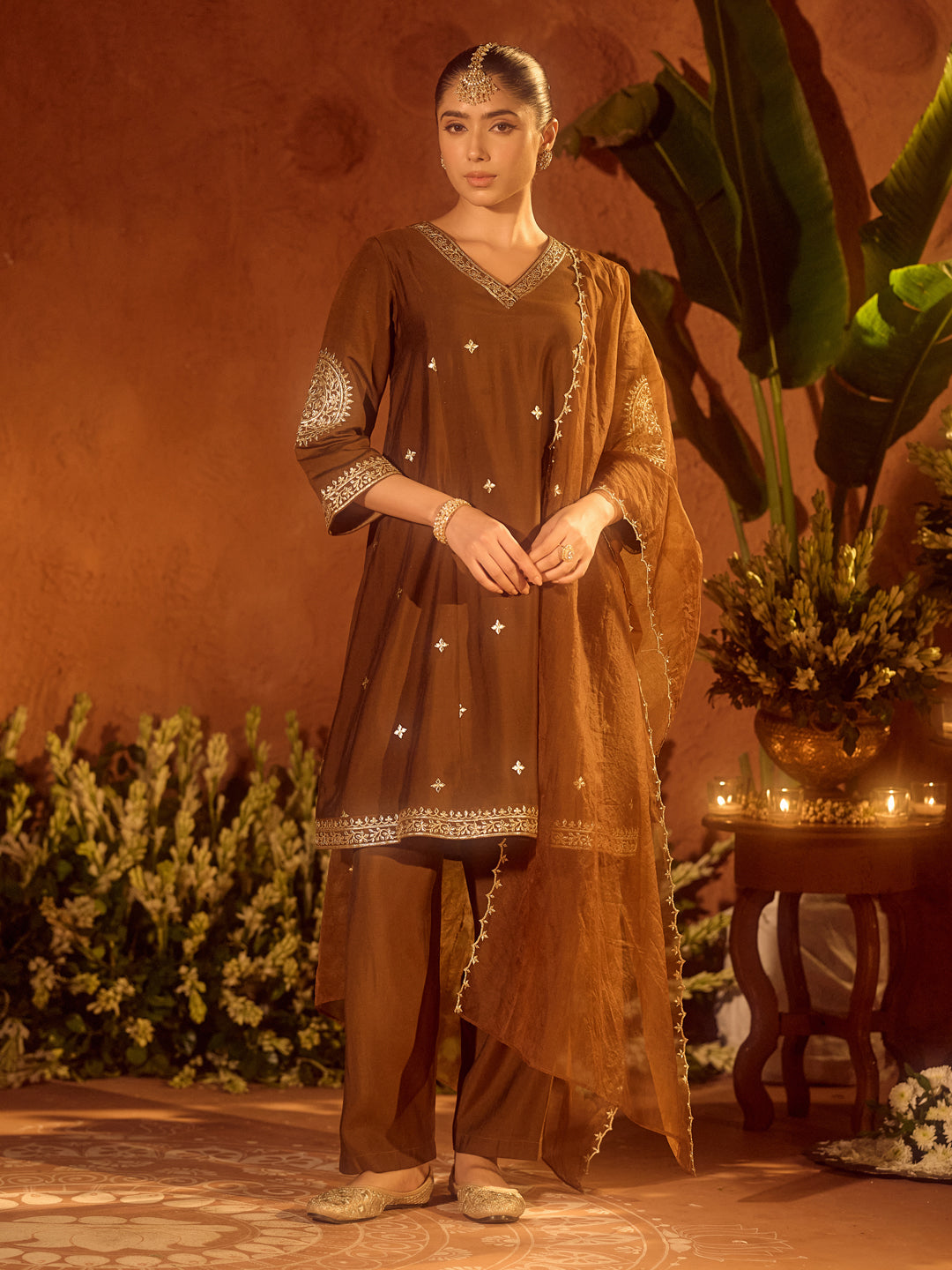 FIORRA Women’s Brown Viscose Chanderi Embroidered & Gota Patti Work Ethnic A-Line Kurta Set with Dupatta