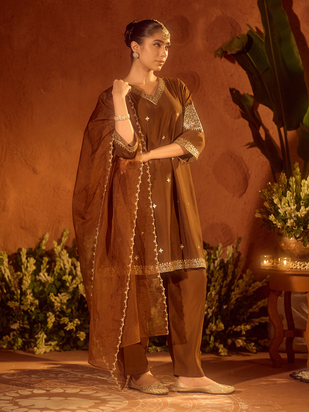 FIORRA Women’s Brown Viscose Chanderi Embroidered & Gota Patti Work Ethnic A-Line Kurta Set with Dupatta