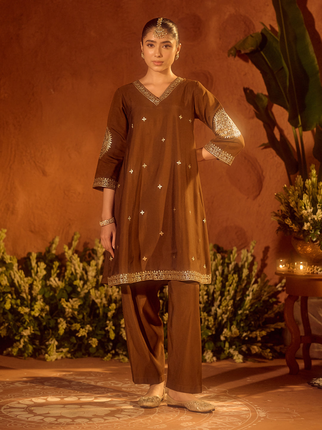 FIORRA Women’s Brown Viscose Chanderi Embroidered & Gota Patti Work Ethnic A-Line Kurta Set with Dupatta