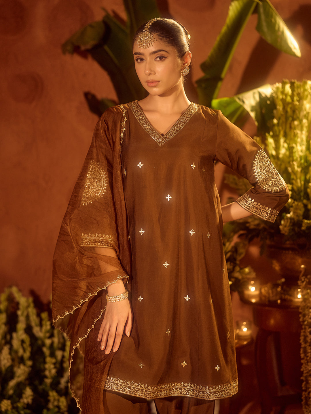 FIORRA Women’s Brown Viscose Chanderi Embroidered & Gota Patti Work Ethnic A-Line Kurta Set with Dupatta