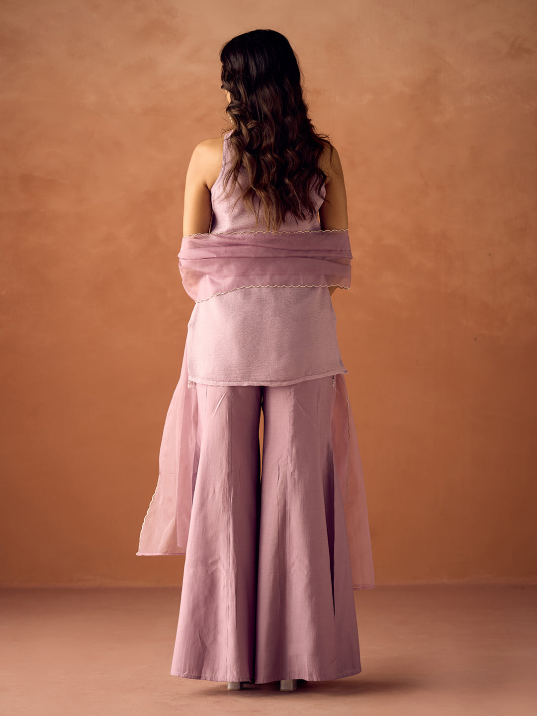 FIORRA Women Lavender Crush Organza Hand-Worked Straight Kurta Set with Dupatta