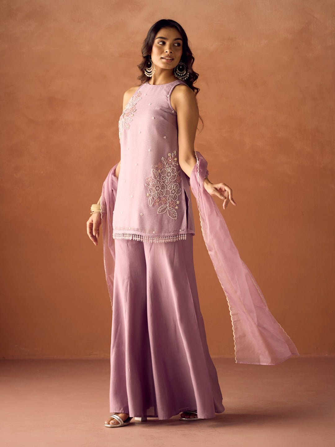 FIORRA Women Lavender Crush Organza Hand-Worked Straight Kurta Set with Dupatta