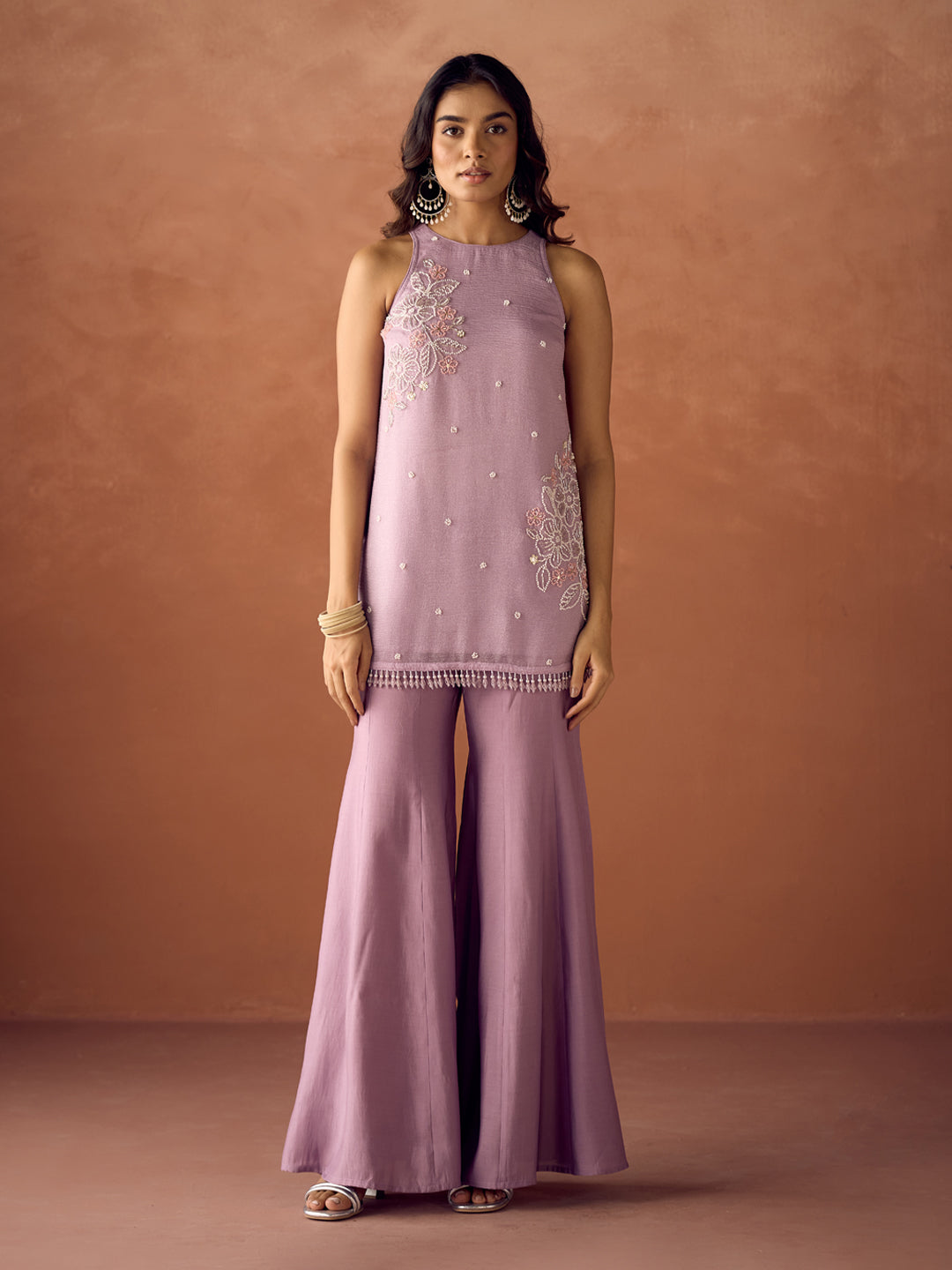 FIORRA Women Lavender Crush Organza Hand-Worked Straight Kurta Set with Dupatta