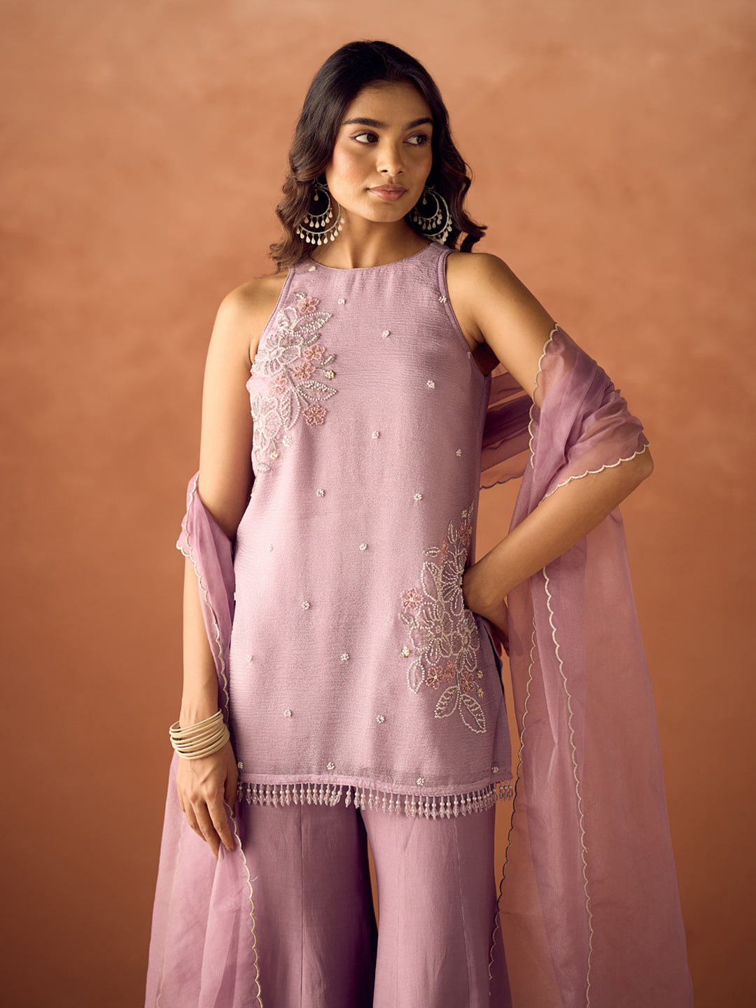 FIORRA Women Lavender Crush Organza Hand-Worked Straight Kurta Set with Dupatta