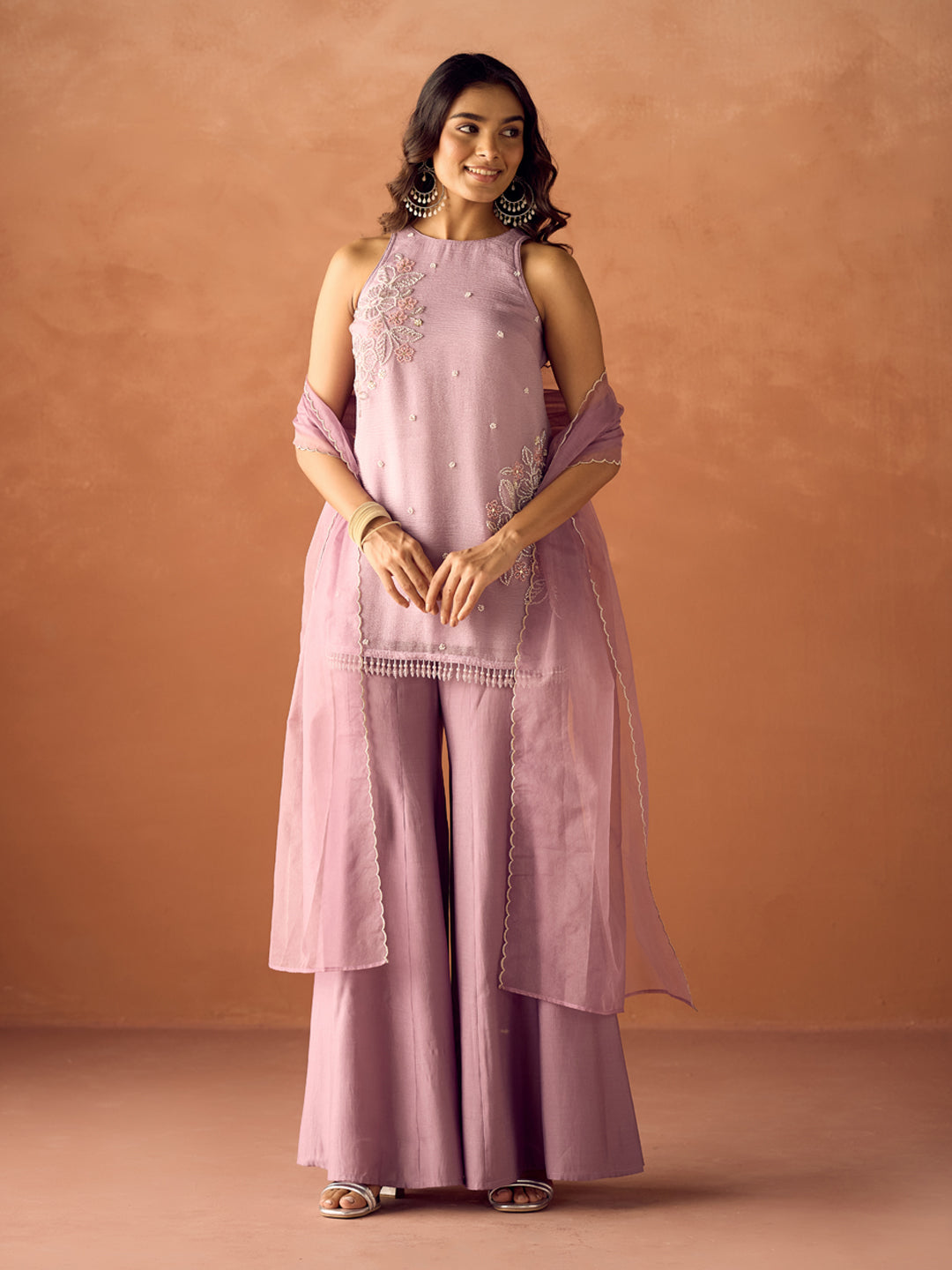 FIORRA Women Lavender Crush Organza Hand-Worked Straight Kurta Set with Dupatta