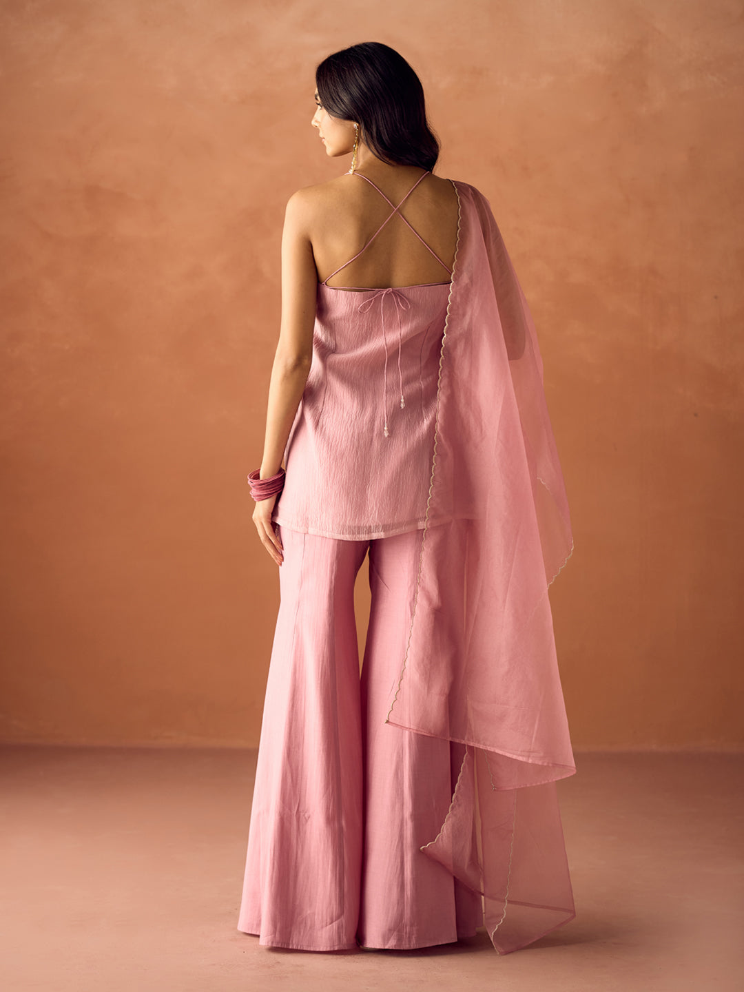 FIORRA Women Light Pink Crush Organza Hand Work Straight Kurta Set with Dupatta