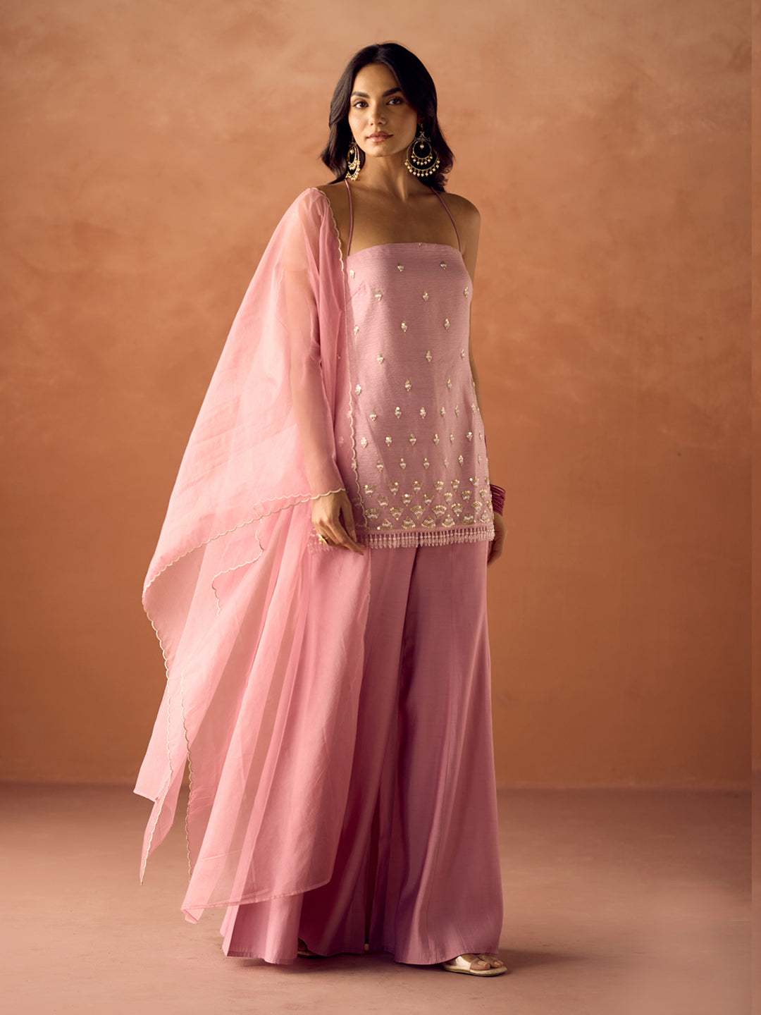 FIORRA Women Light Pink Crush Organza Hand Work Straight Kurta Set with Dupatta