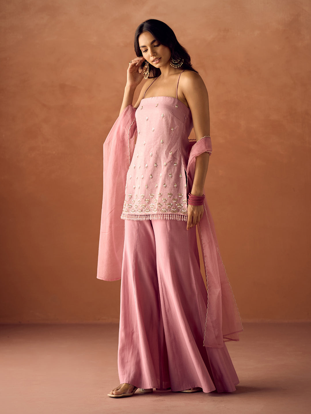 FIORRA Women Light Pink Crush Organza Hand Work Straight Kurta Set with Dupatta