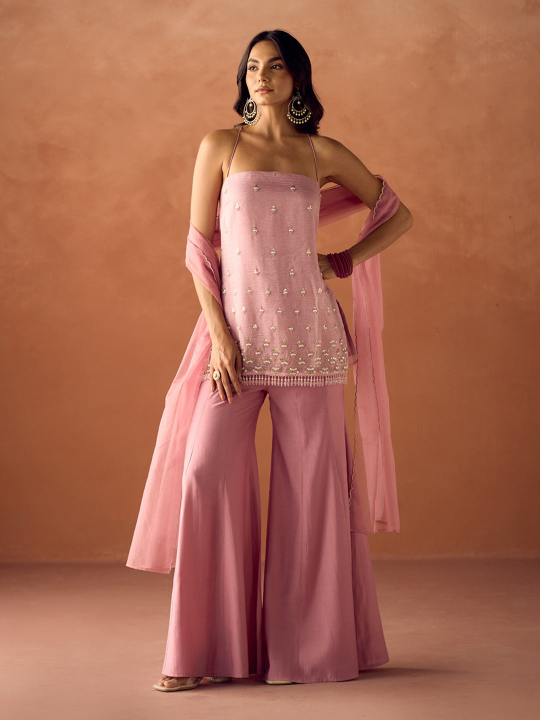 FIORRA Women Light Pink Crush Organza Hand Work Straight Kurta Set with Dupatta