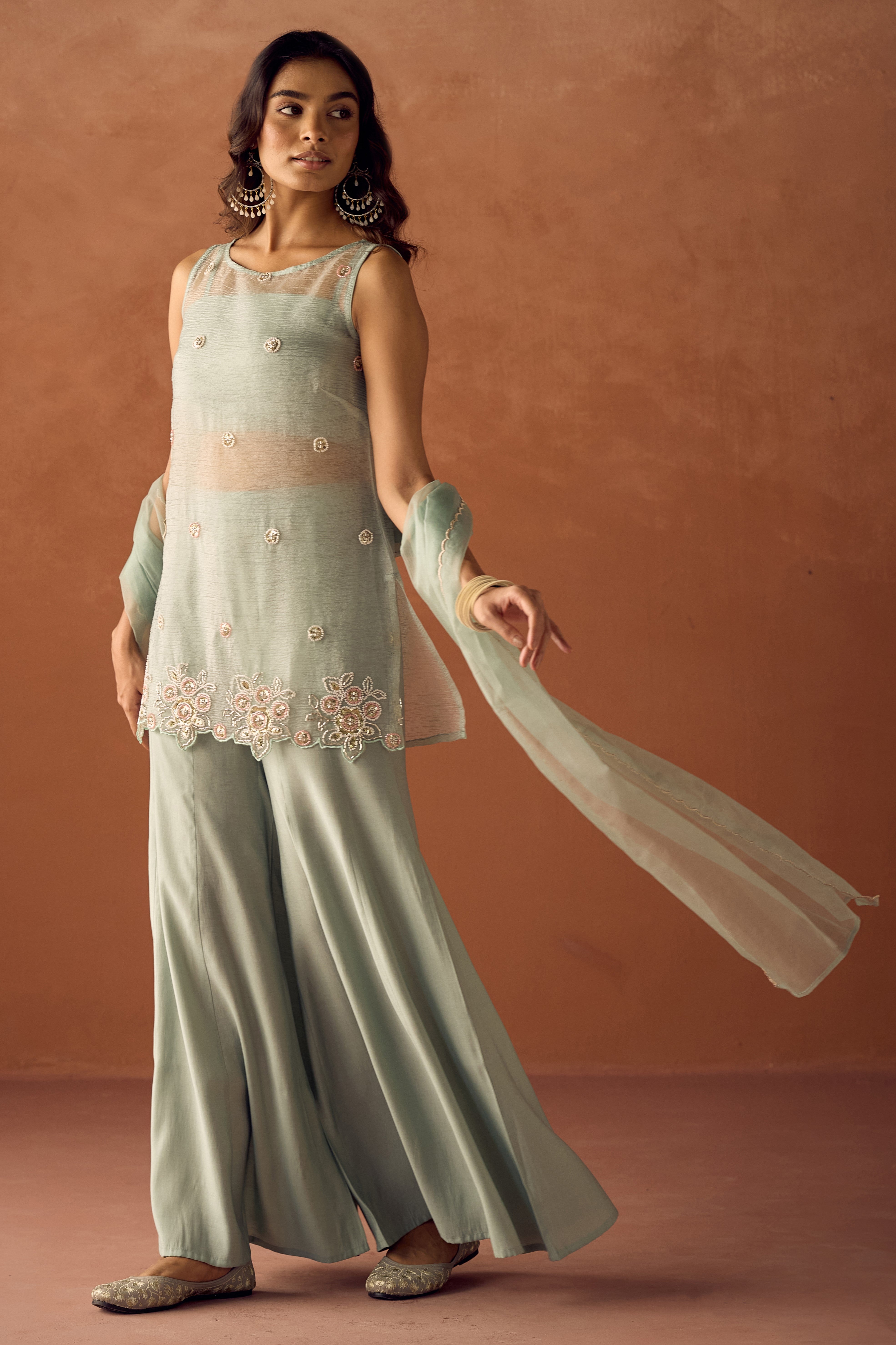 FIORRA Women Sea Green Crush Organza Hand Work Straight Kurta Set with Dupatta