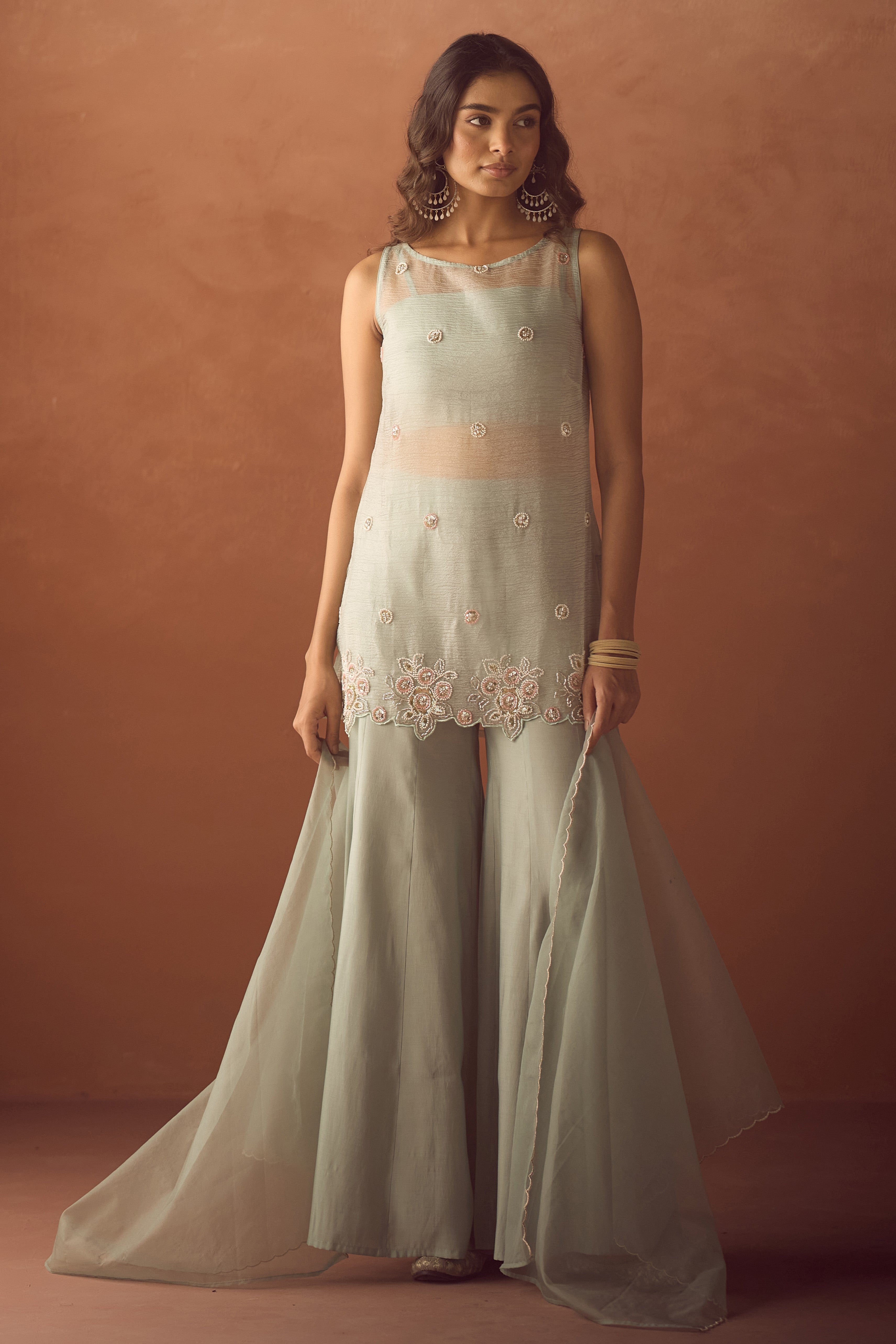 FIORRA Women Sea Green Crush Organza Hand Work Straight Kurta Set with Dupatta