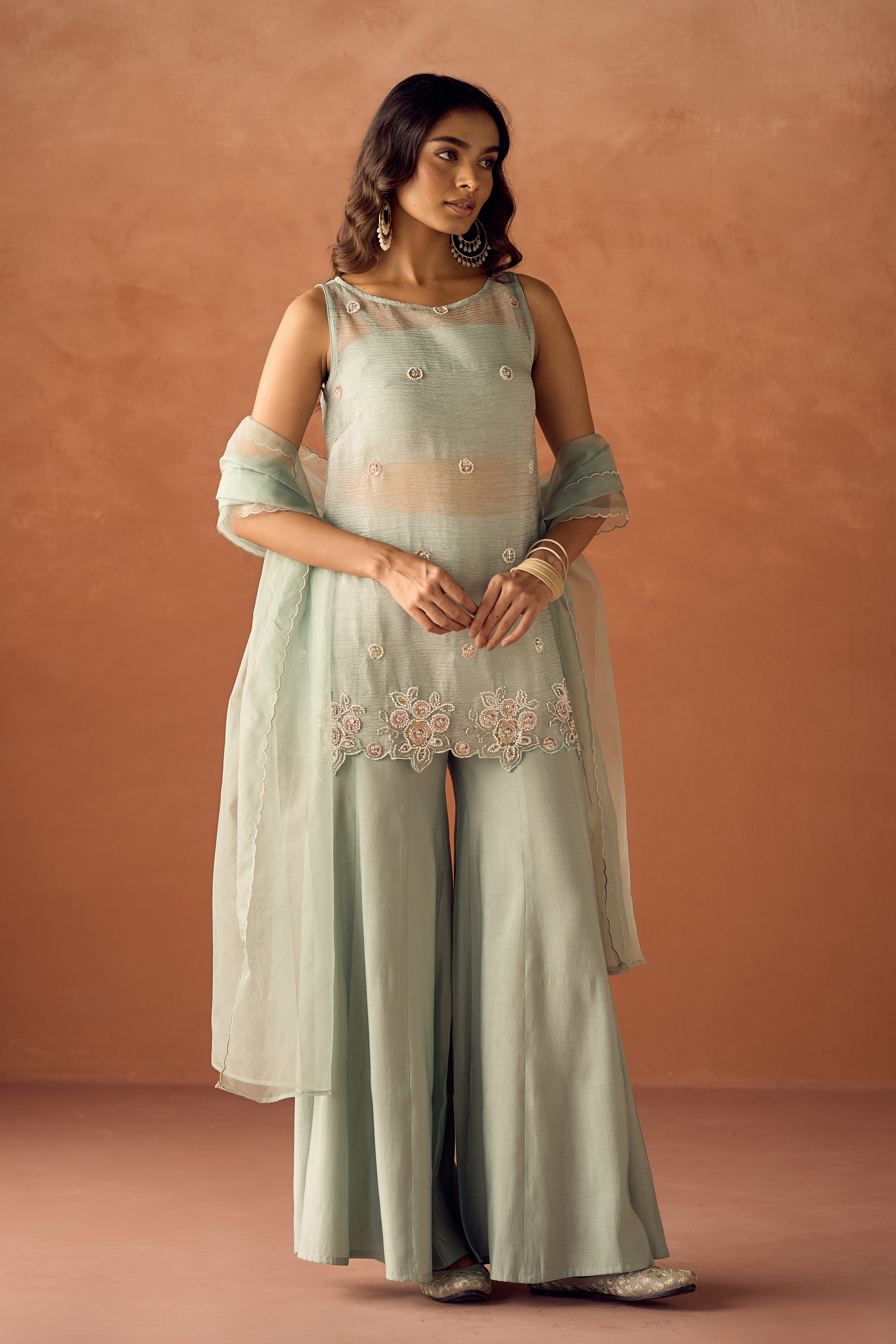 FIORRA Women Sea Green Crush Organza Hand Work Straight Kurta Set with Dupatta