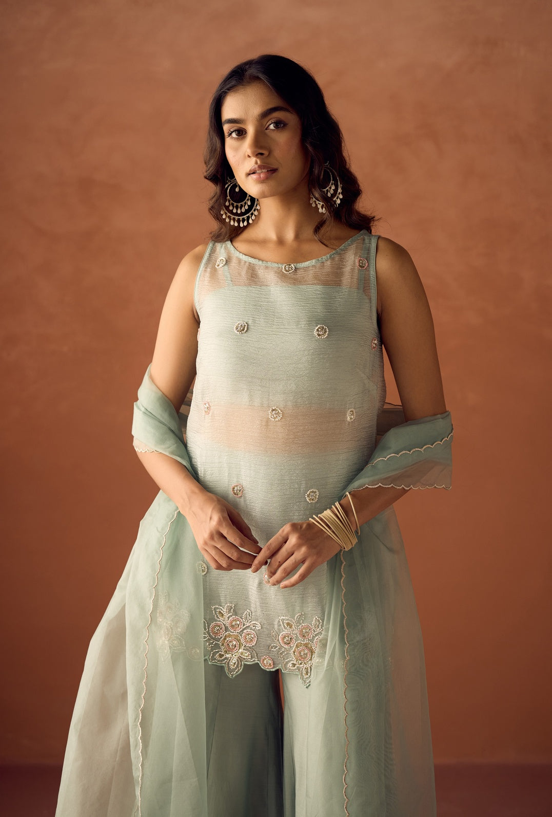 FIORRA Women Sea Green Crush Organza Hand Work Straight Kurta Set with Dupatta