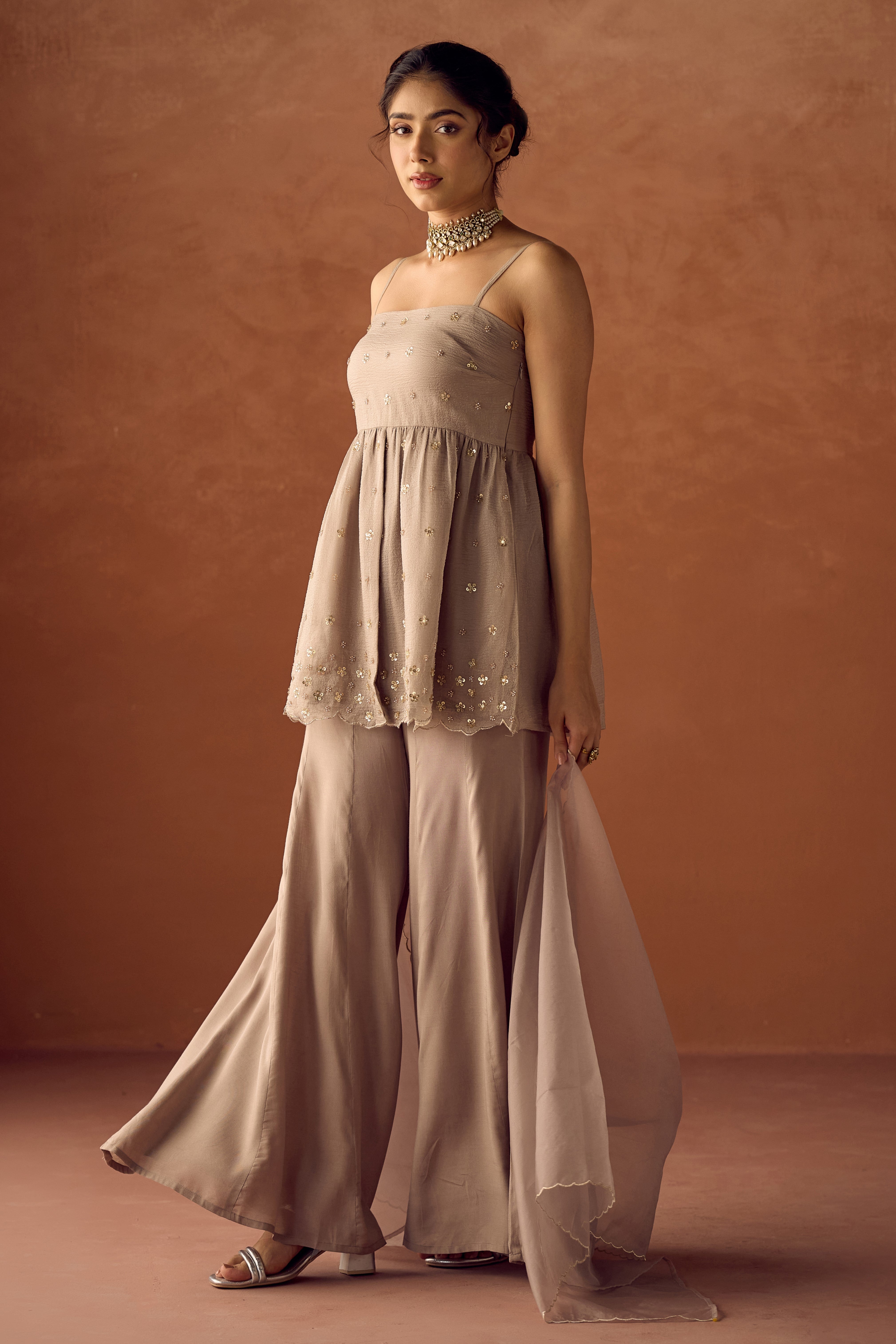 FIORRA Women Grey Crush Organza Hand Work A-Line Kurta Set with Dupatta