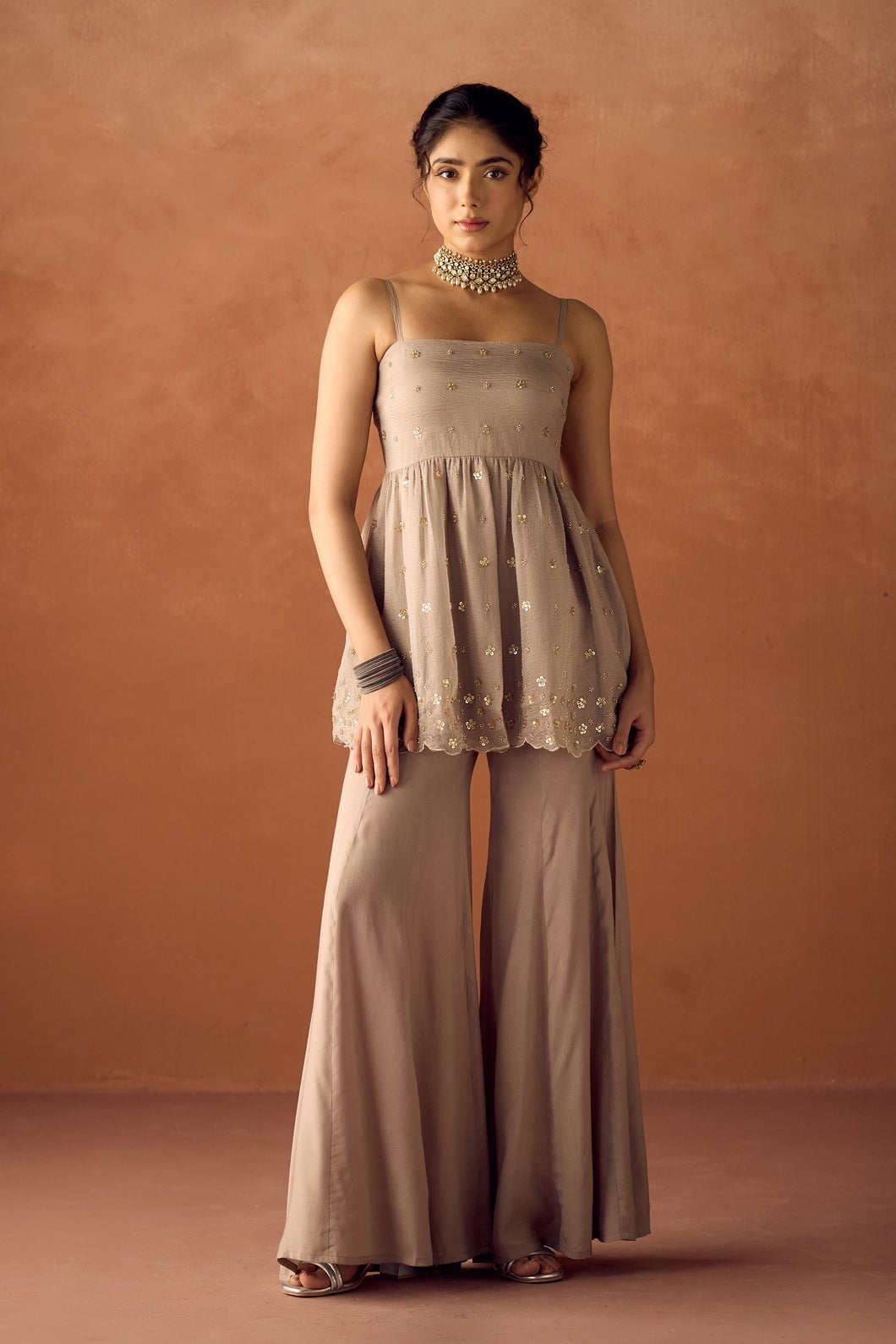 FIORRA Women Grey Crush Organza Hand Work A-Line Kurta Set with Dupatta