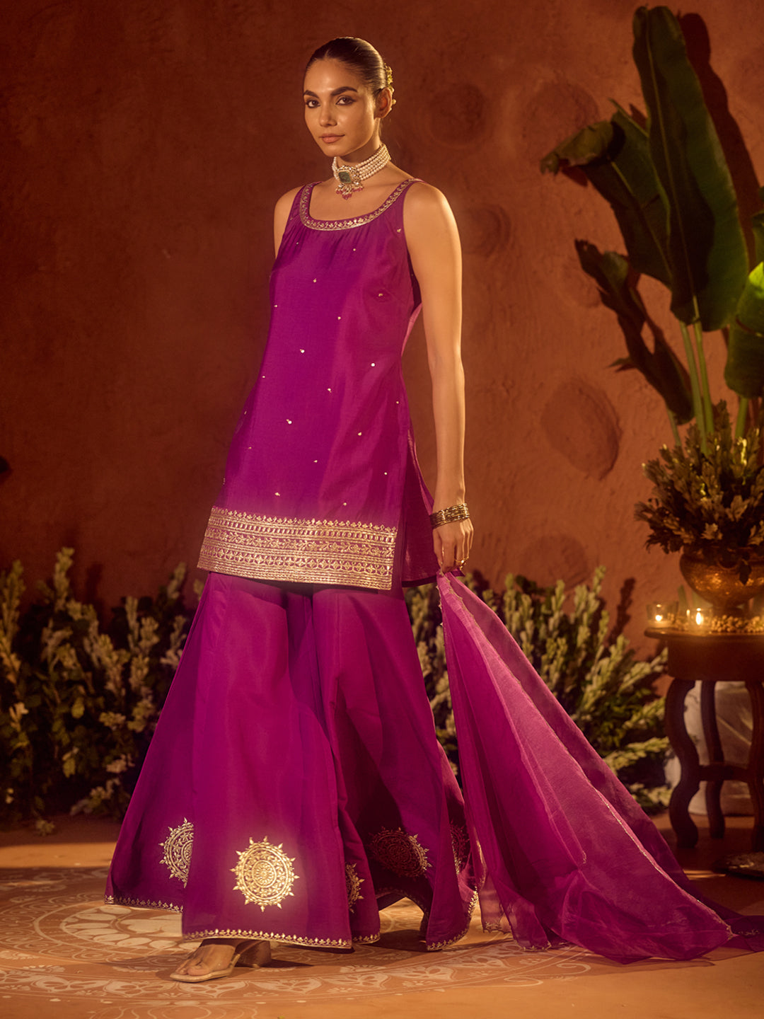 FIORRA Women’s Purple Viscose Chanderi Gotta Patti Work Ethnic Straight Kurta Set with Dupatta