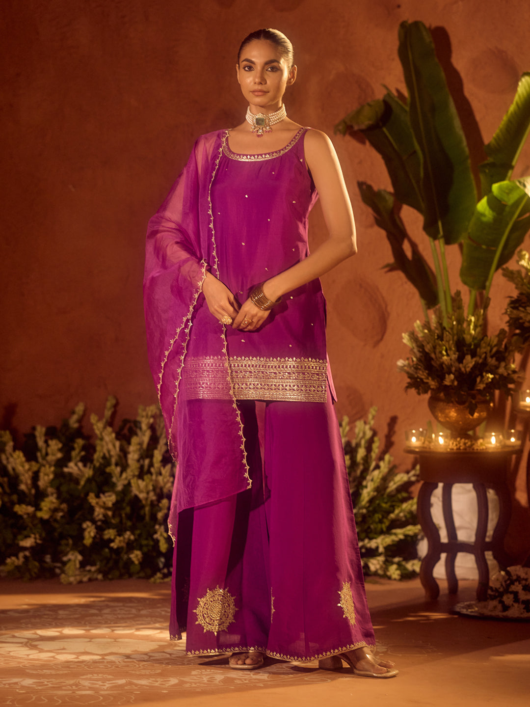 FIORRA Women’s Purple Viscose Chanderi Gotta Patti Work Ethnic Straight Kurta Set with Dupatta