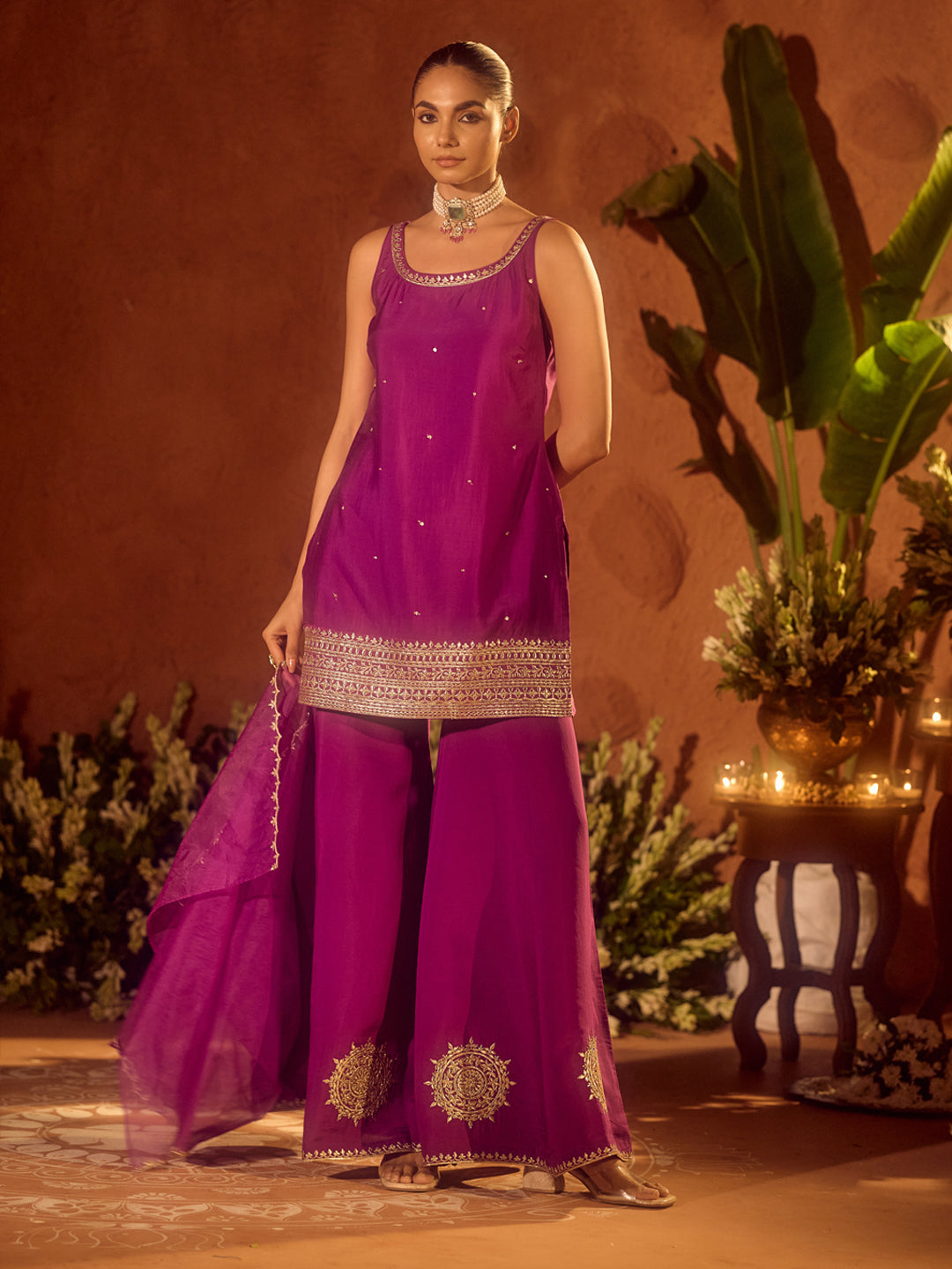 FIORRA Women’s Purple Viscose Chanderi Gotta Patti Work Ethnic Straight Kurta Set with Dupatta