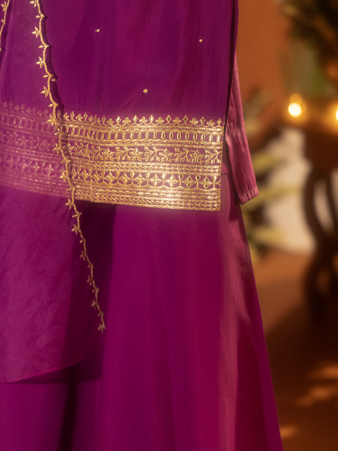 FIORRA Women’s Purple Viscose Chanderi Gotta Patti Work Ethnic Straight Kurta Set with Dupatta