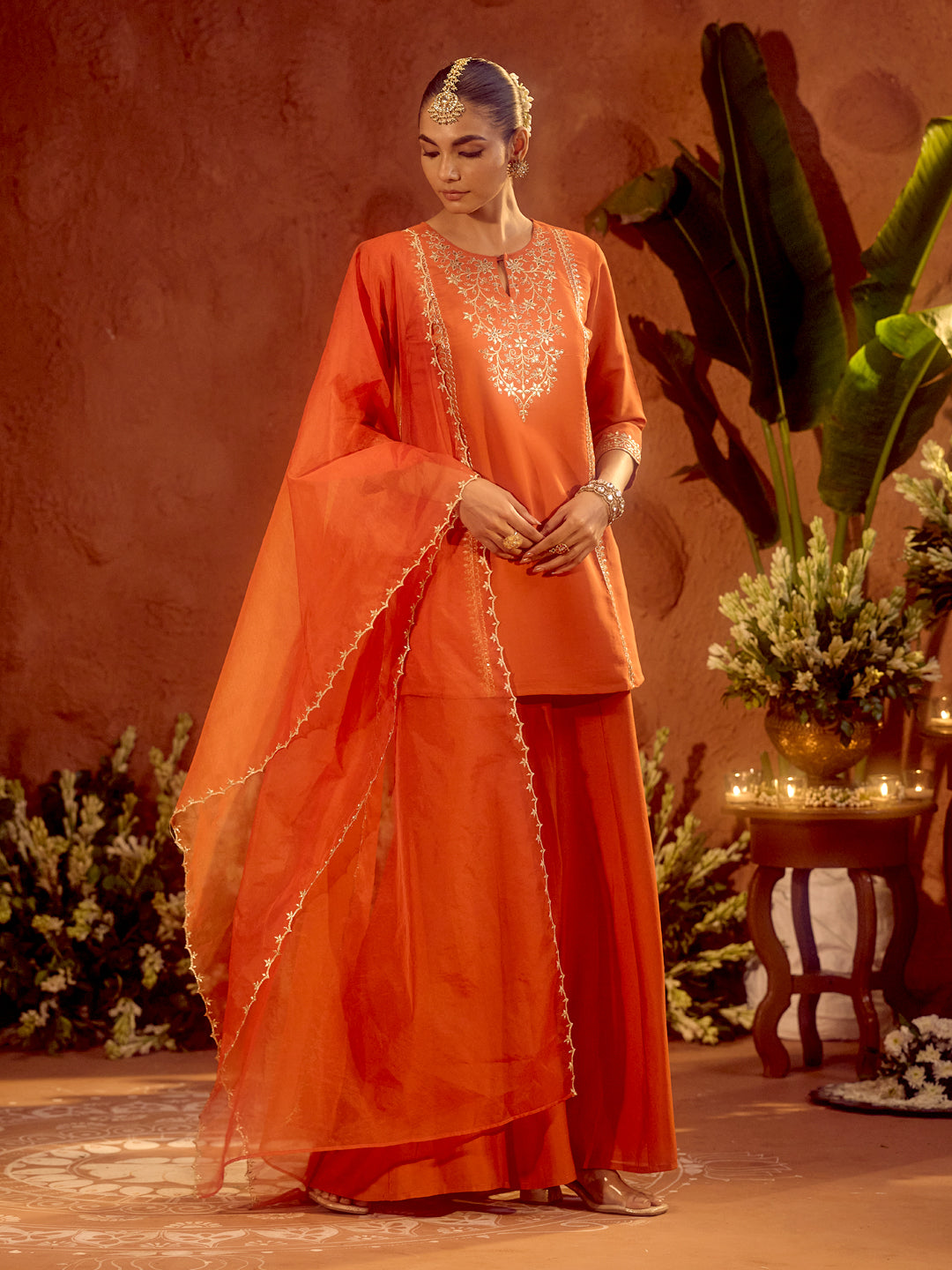 FIORRA Women’s Orange Viscose Chanderi Embroidered Ethnic Straight Kurta Set with Dupatta