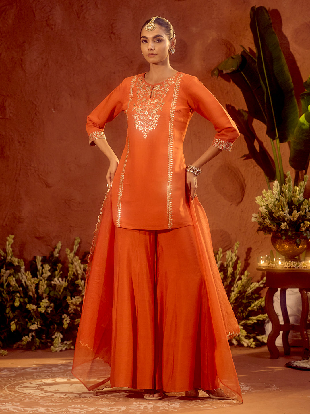 FIORRA Women’s Orange Viscose Chanderi Embroidered Ethnic Straight Kurta Set with Dupatta