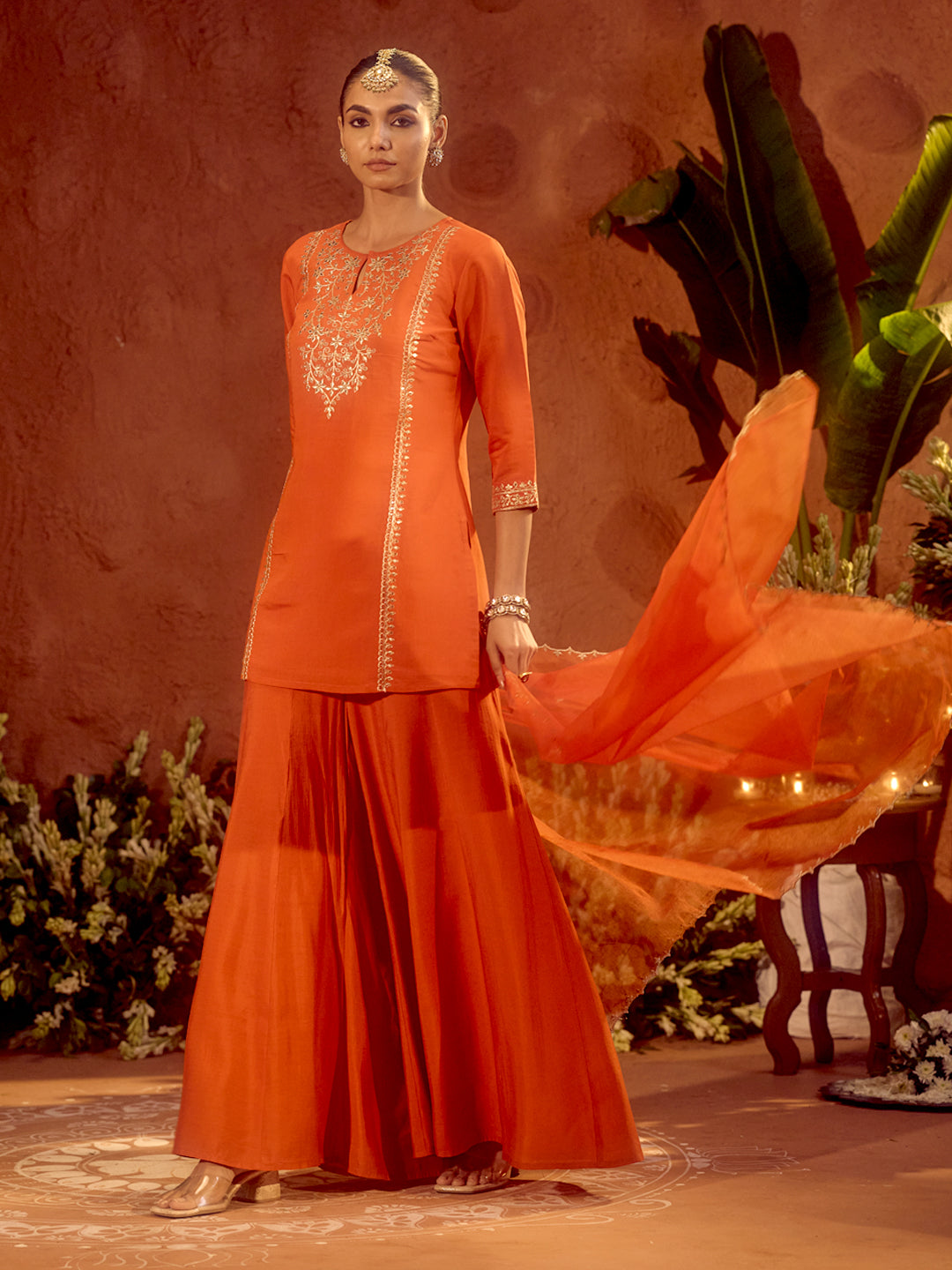 FIORRA Women’s Orange Viscose Chanderi Embroidered Ethnic Straight Kurta Set with Dupatta